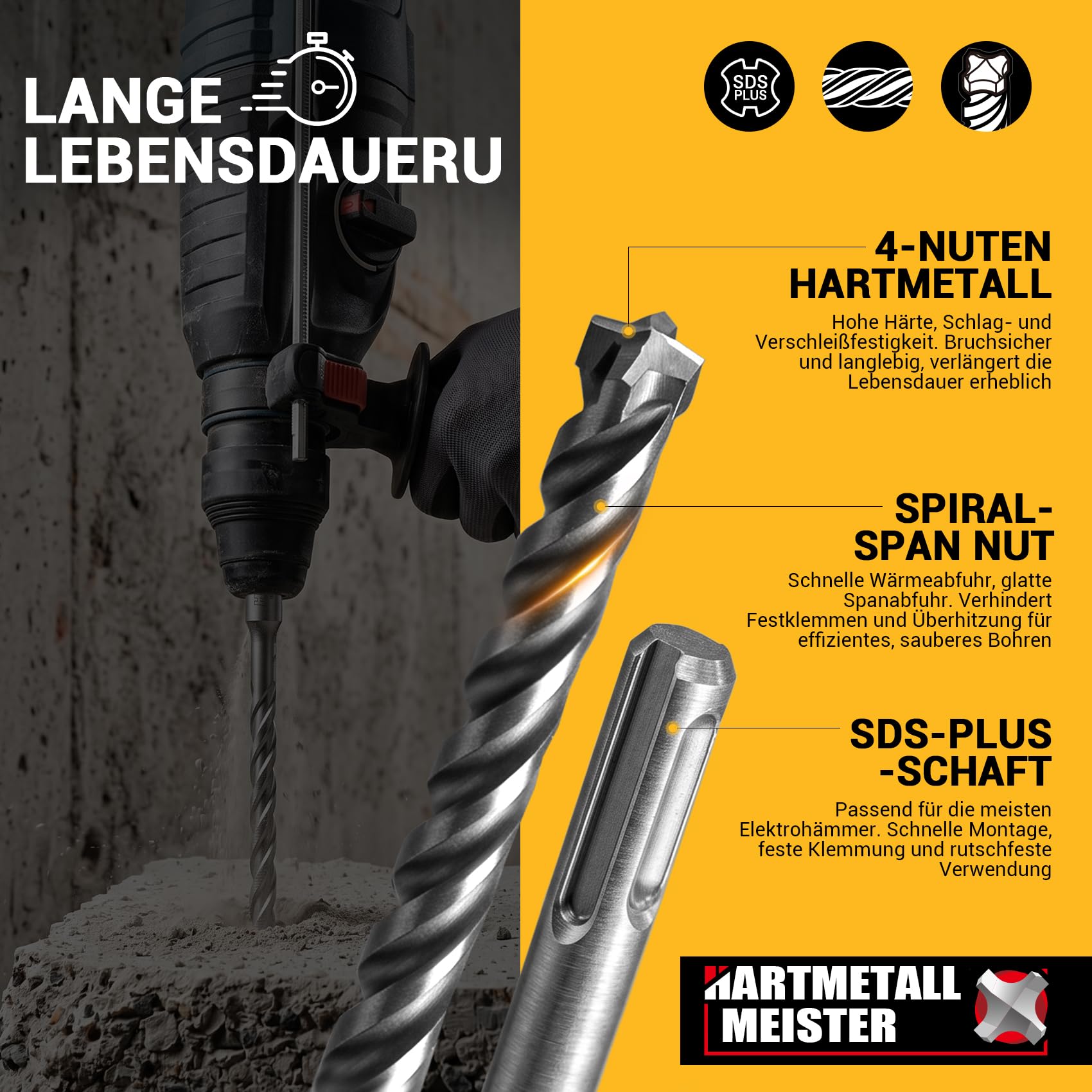 SDS Plus - Juego de brocas para martillo perforador (8 piezas, 4 cortadores con cabeza de carburo macizo, diámetro de 5 a 12 mm, para hormigón armado y hierro de refuerzo)