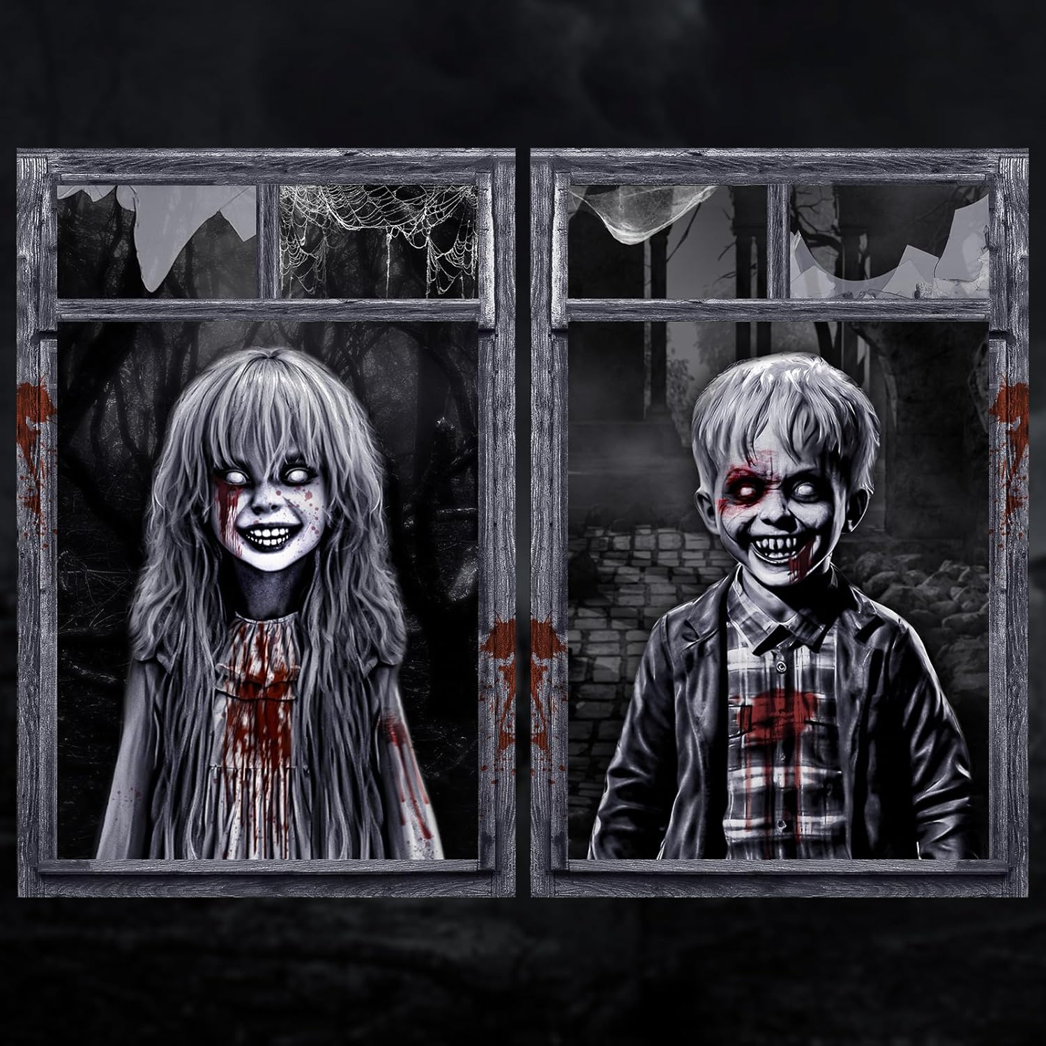 2 Pack Scary Halloween Ghost Curtain Decorations - Spooky Girl and Boy Window Cover Silhouette Decoration for Indoor Outdoor Party Decor Kids Ghost