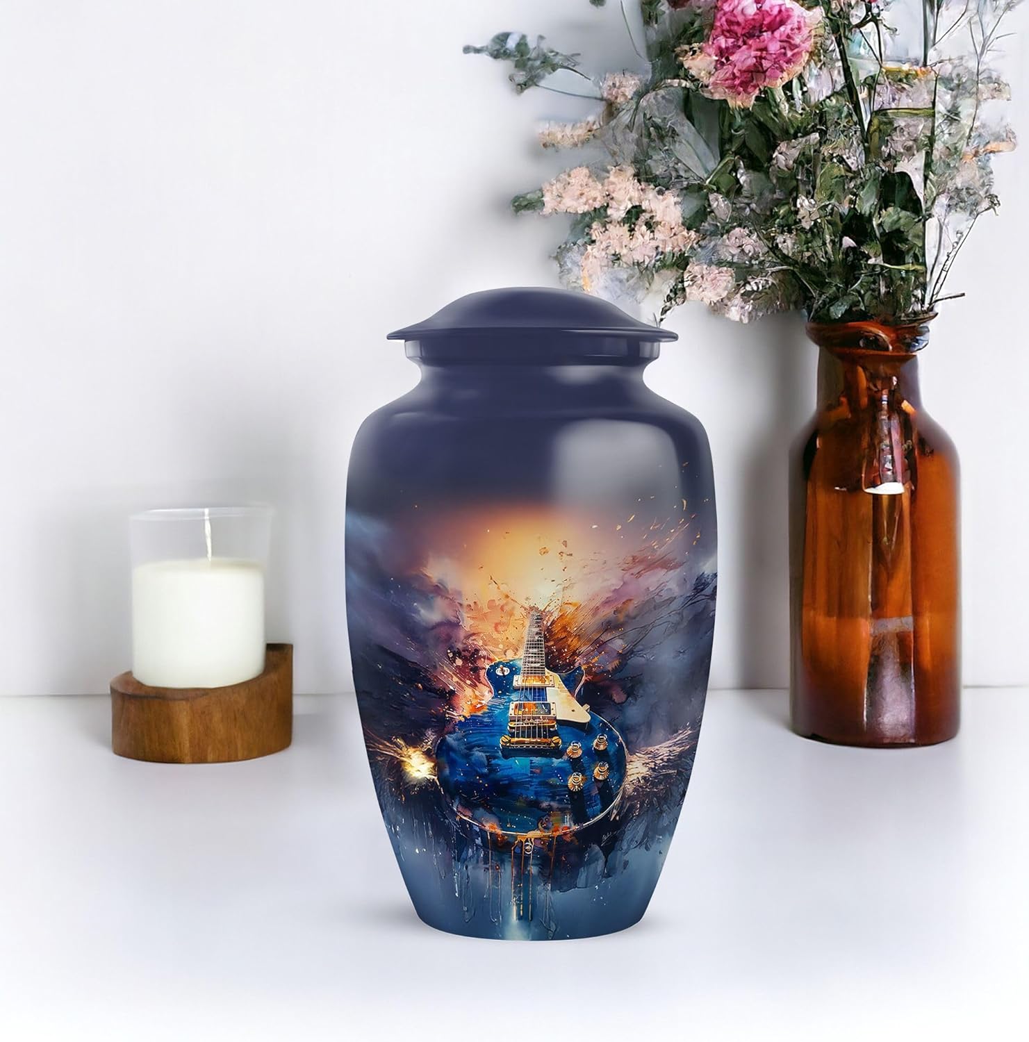 Guitar Cremation Urn for Human Ashes, Decorative Musical Memorial Urns for Adults Men & Women, Dark Blue, 10 Inch