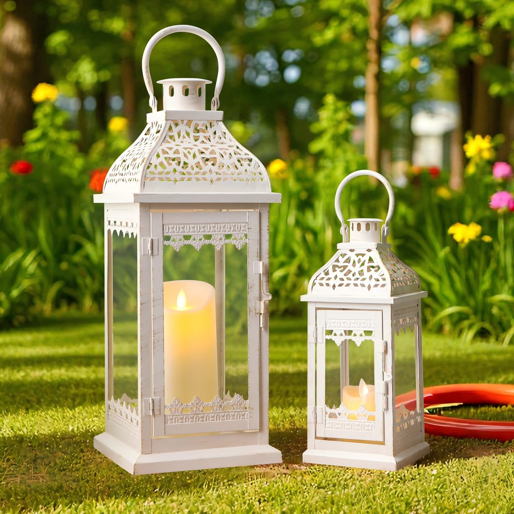JHY DESIGN Set of 2 33 cm & 50 cm H Decorative Candle Lanterns Vintage Hanging Lantern Metal Candle Holder for Garden Living Room Indoor Outdoor Parties Weddings Balcony(Beige with Gold Brush)