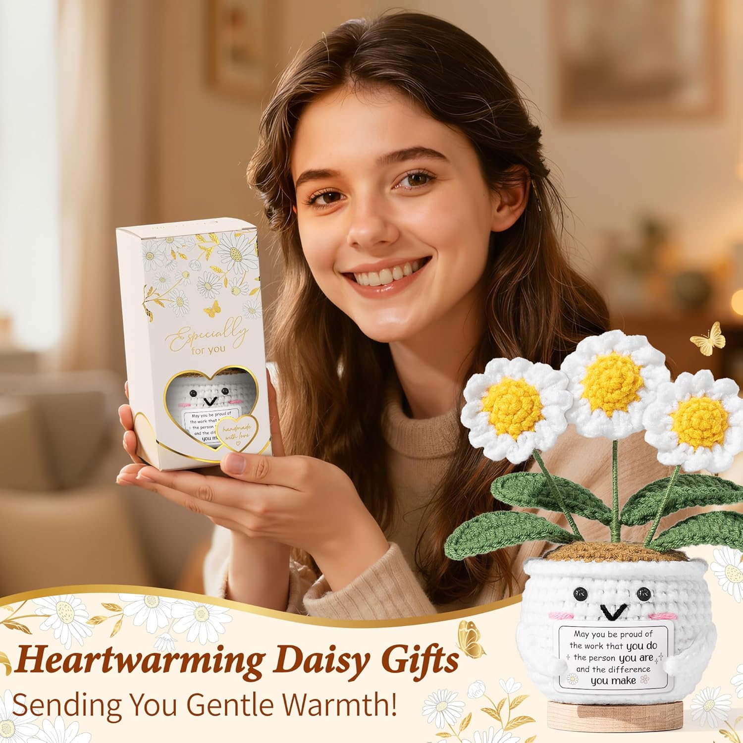 Inspirational Appreciation Gifts for Women, Positive Daisy Flower Emotional Support Crochet, May You Be Proud of The Work That You Do, Valentines Day Thank You Gifts for Her Coworker Employee Teacher - Image 2