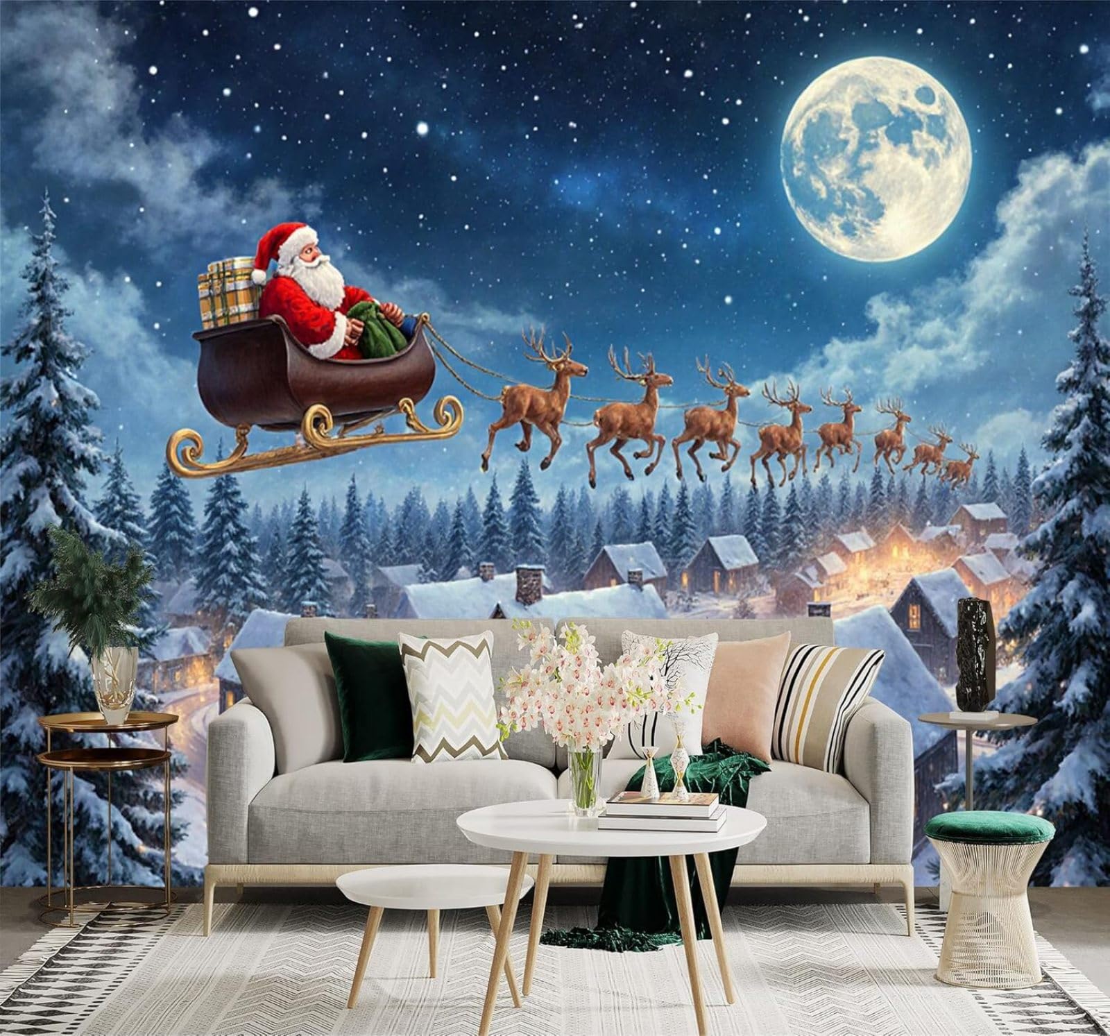 XLMING Starry Sky Reindeer Forest Houses Snowy Landscape 3D Wallpaper Premium Textured Silk Study Dining Living Room Bedroom Sofa TV Wall Easy Install-200cm×140cm