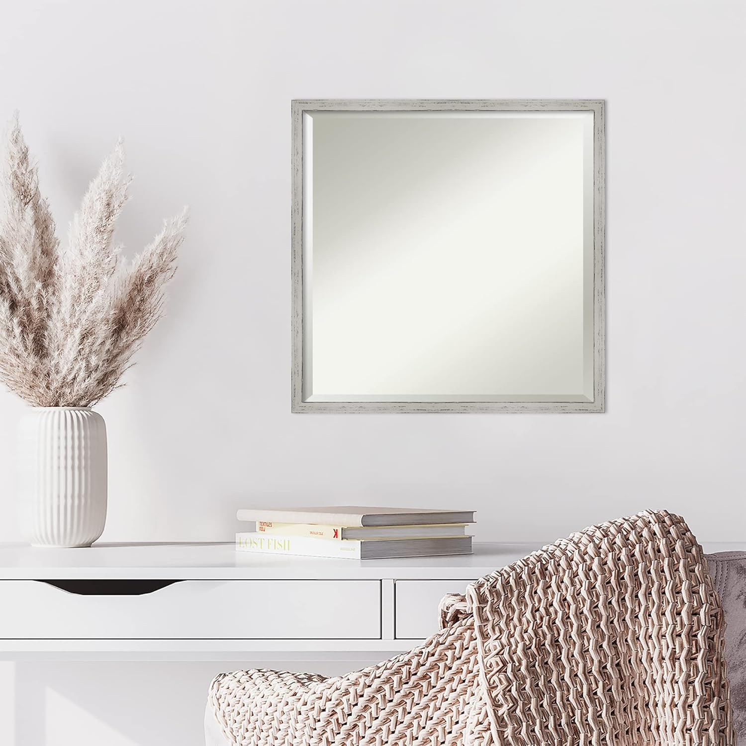 Amanti Art White Wall Mirror 21x21 Shiplap White Narrow Square Bathroom Mirror for Wall Decor Living Room, Medium Cottage Wood Frame, Hangs Horizonally and Vertically, Bathroom Decor, Beveled Edge