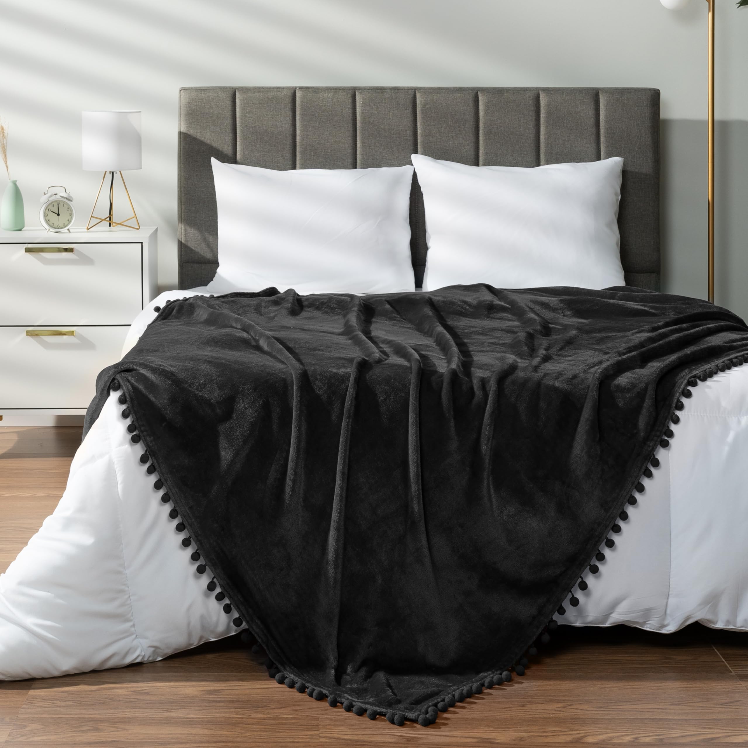 PAVILIA Fleece Throw Blanket for Couch with Pom Pom Fringe, Black, Soft Cozy Fuzzy Flannel Blanket for Sofa Bed, Large Lightweight Plush All Season Throw, 60x80 Inches