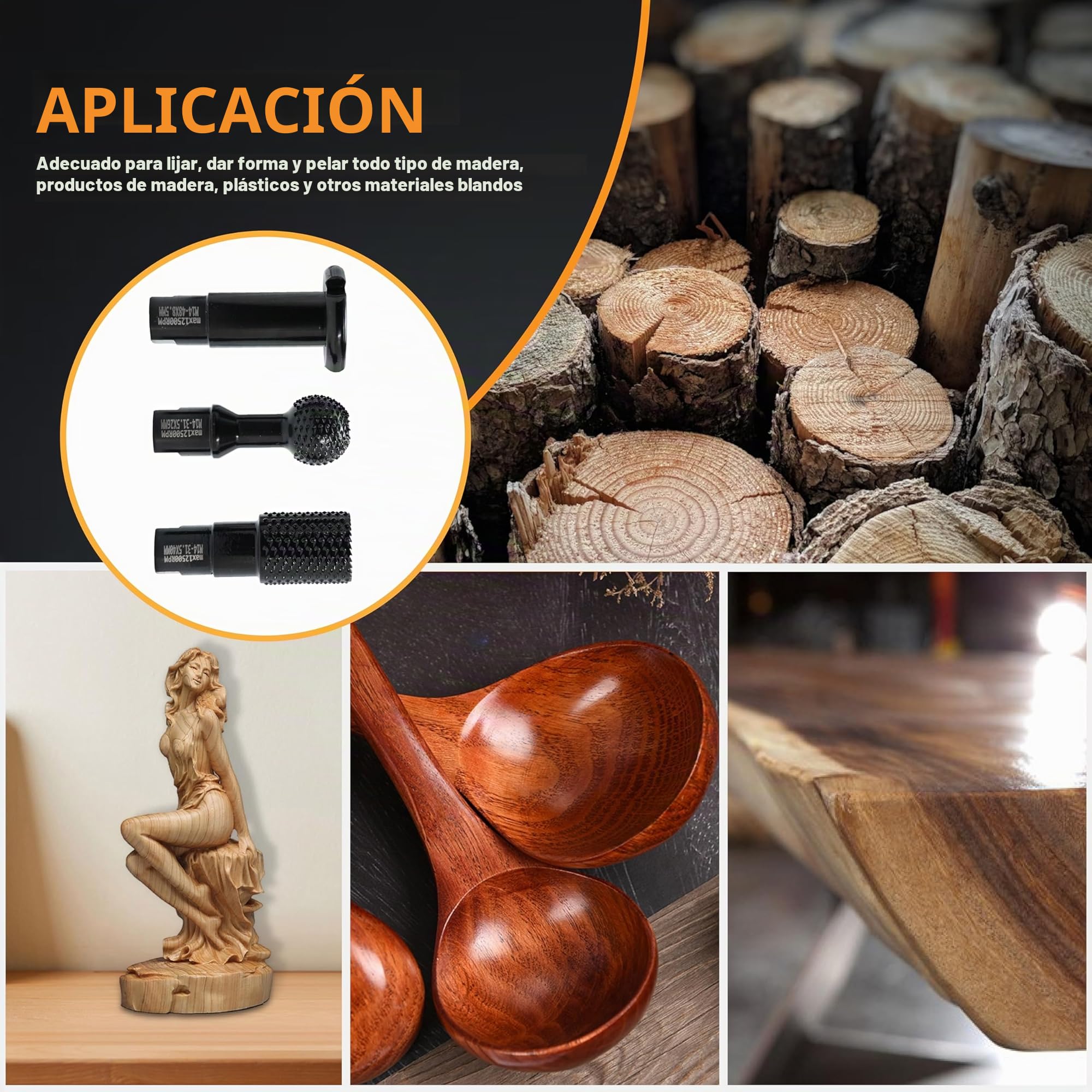 Set de fresas para tallado en madera, rosca M14, 3 piezas para amoladora angular de 115mm/125mm, Negro