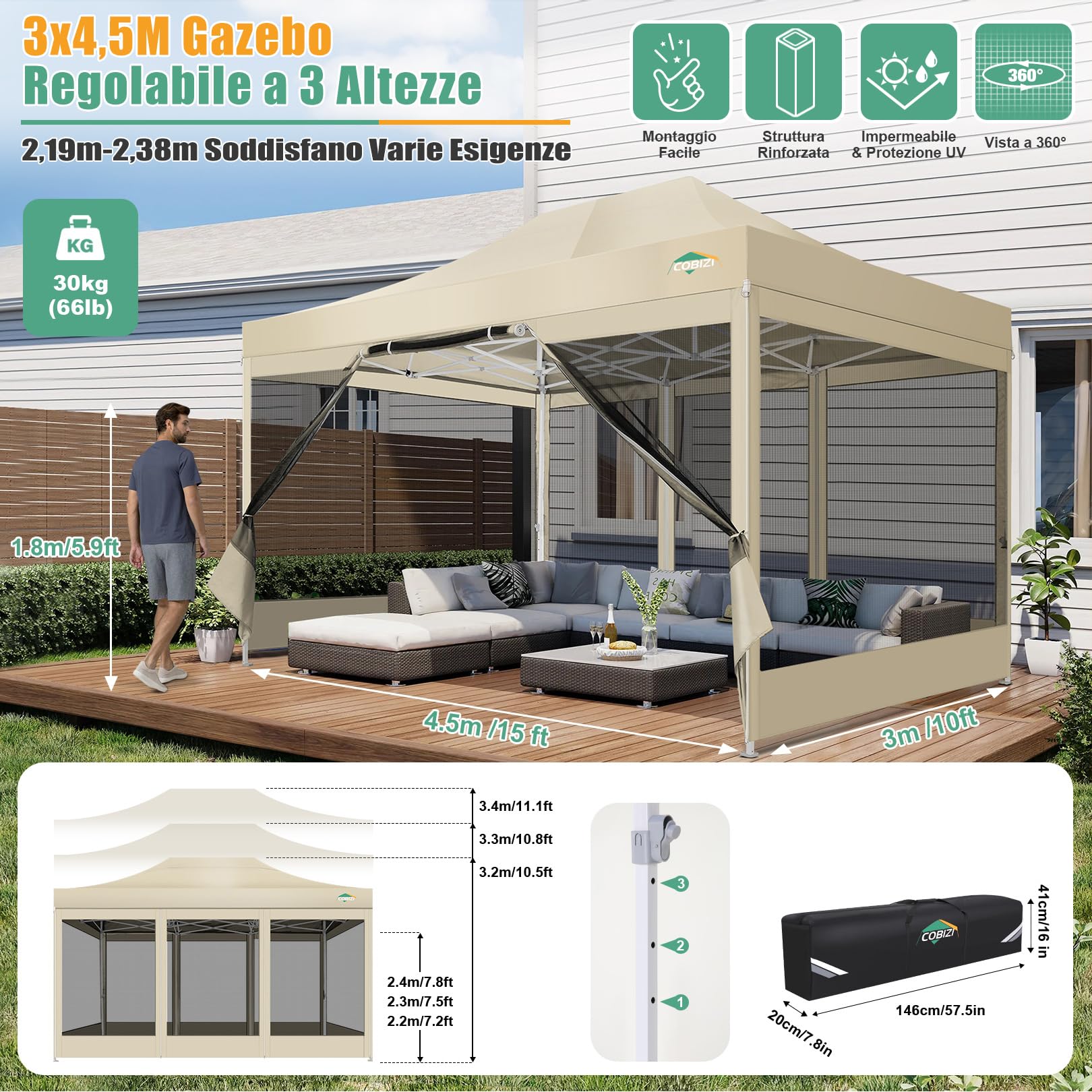 COBIZI Gazebo pieghevole 3x4,5 m con zanzariere, impermeabile e stabile | Protezione UV, altezza regolabile su 3 livelli, tessuto Oxford 420D, borsa inclusa