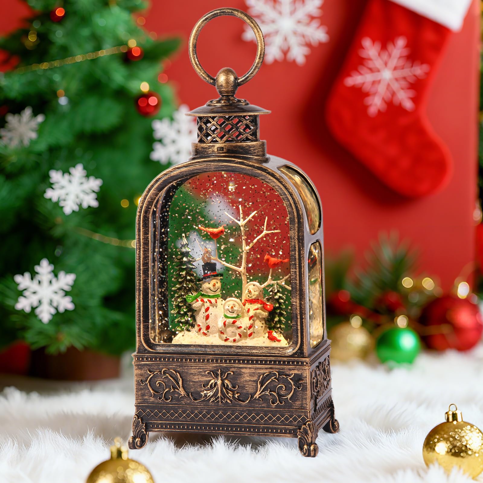 Palla di neve natalizia con pupazzi di neve, 10,2 luci musicali con timer a batteria 6 ore e alimentazione USB, stile retrò, palline di neve glitterate per Natale, decorazione per la casa, regali per