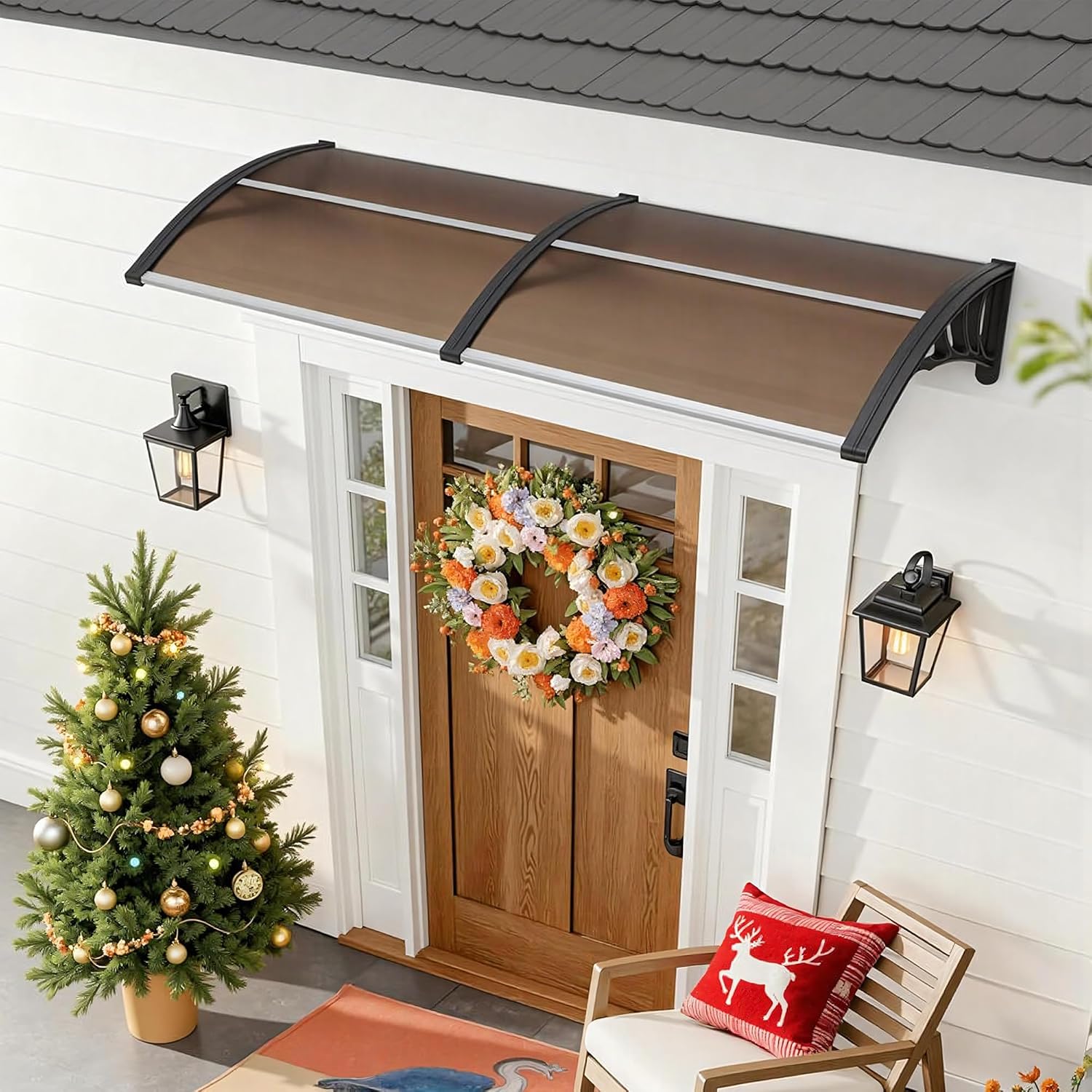 MCombo 115.9" x 37.8" Window Awning Outdoor Polycarbonate Door Shade Patio Cover Canopy, 6055-4012 (Brown Board with Black Bracket)