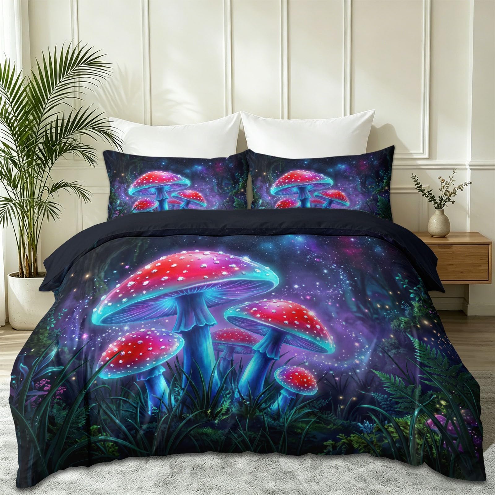 Fantazyjny zestaw pościeli 3-częściowy sztuka cyfrowa grzyb lasu, miękka poszwa na kołdrę 200 x 200 cm i 2 poszewki na poduszki, 2-osobowy zestaw pościeli z zamkiem błyskawicznym, wielokolorowy