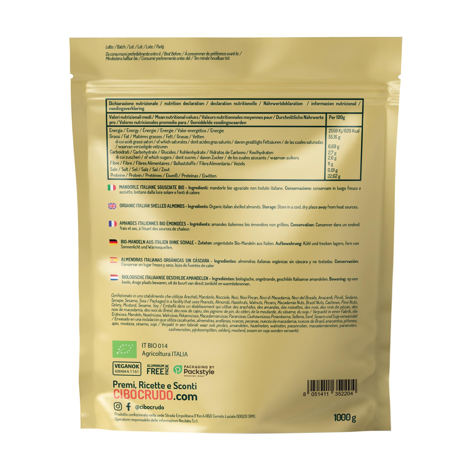 Almendras Crudas Peladas Scologicas - 1Kg. Almendras Naturales sin Sal y Naturales. Almendra Cruda Pelada de Cultivo Ecológico Controlado. Almendras Origen Italia - Sicilia.