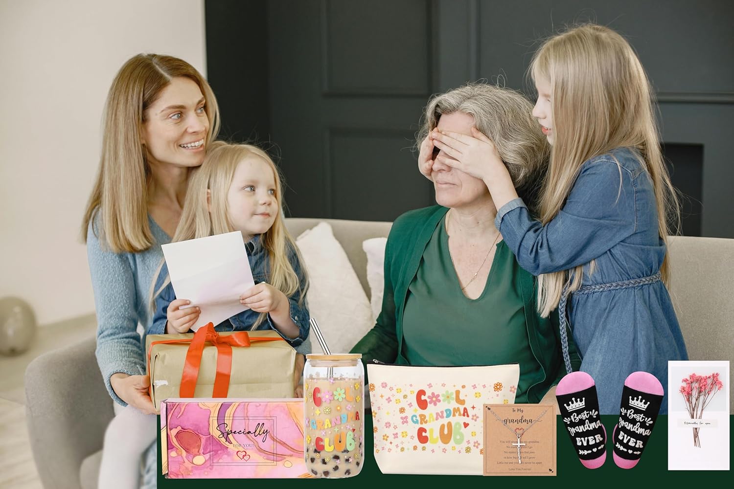 Grandma Gifts Basket 7pcs Mother's Day Birthday Best Great Grandmother ever Gigi Gift 16oz Drinking Glass Cups Necklace Socks Make up Bag Cool Grandma Club - Image 5