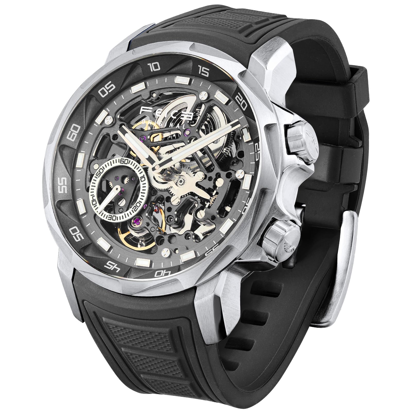 Watches for Men Automatic Skeleton Watch Waterproof Sapphire Crystal Blue Dials 5ATM Waterproof Wristwatch Anti Shock Luminous Display Business Wristwatch Silicone Strap, FM511, Black-image-22