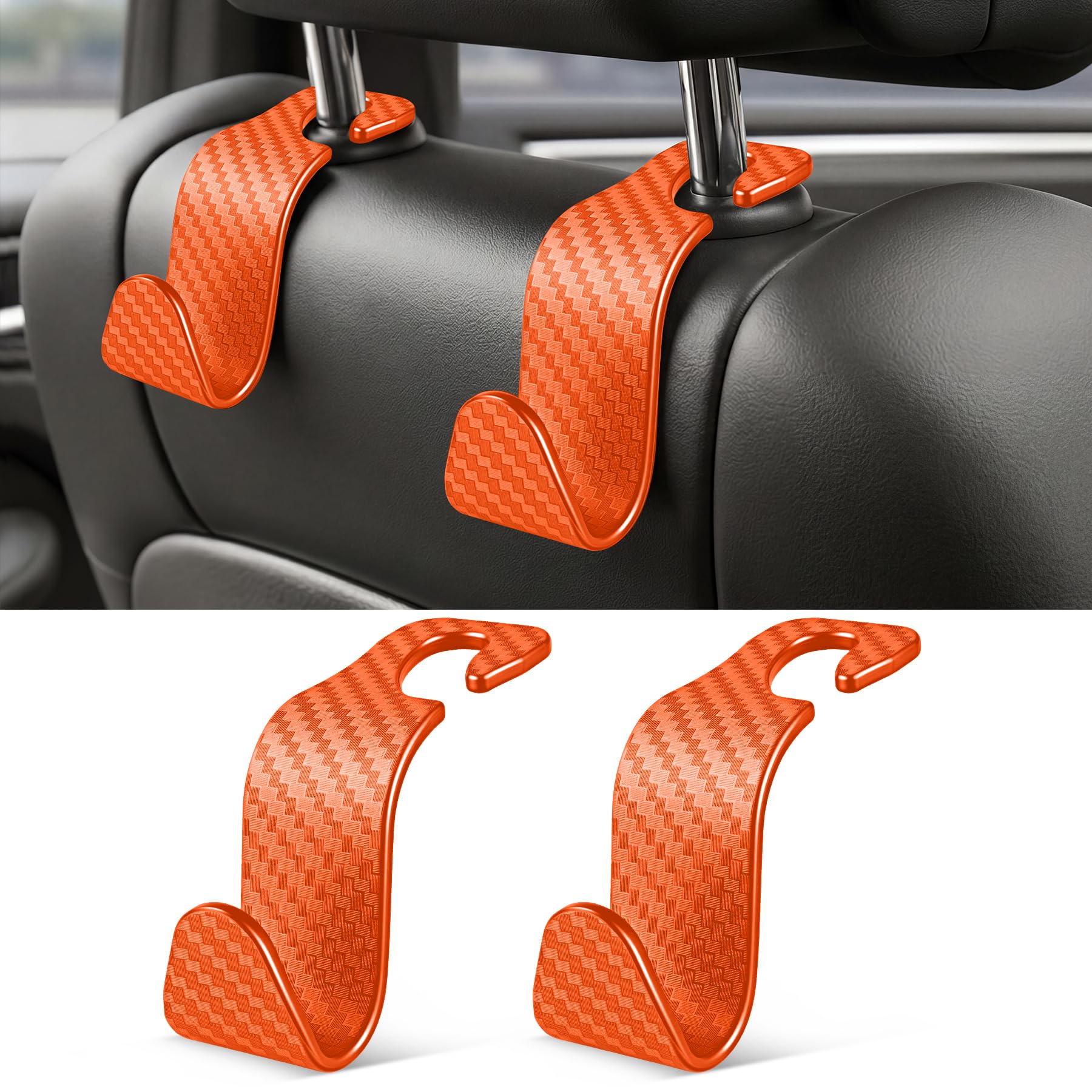 SINGARO Universal 2 Pack Car Seat Headrest Purse Hook, Carbon Fiber Back Seat Hook Storage Organizer Hanger for Purse Handbag Coat, Car Interior Accessories(Orange)