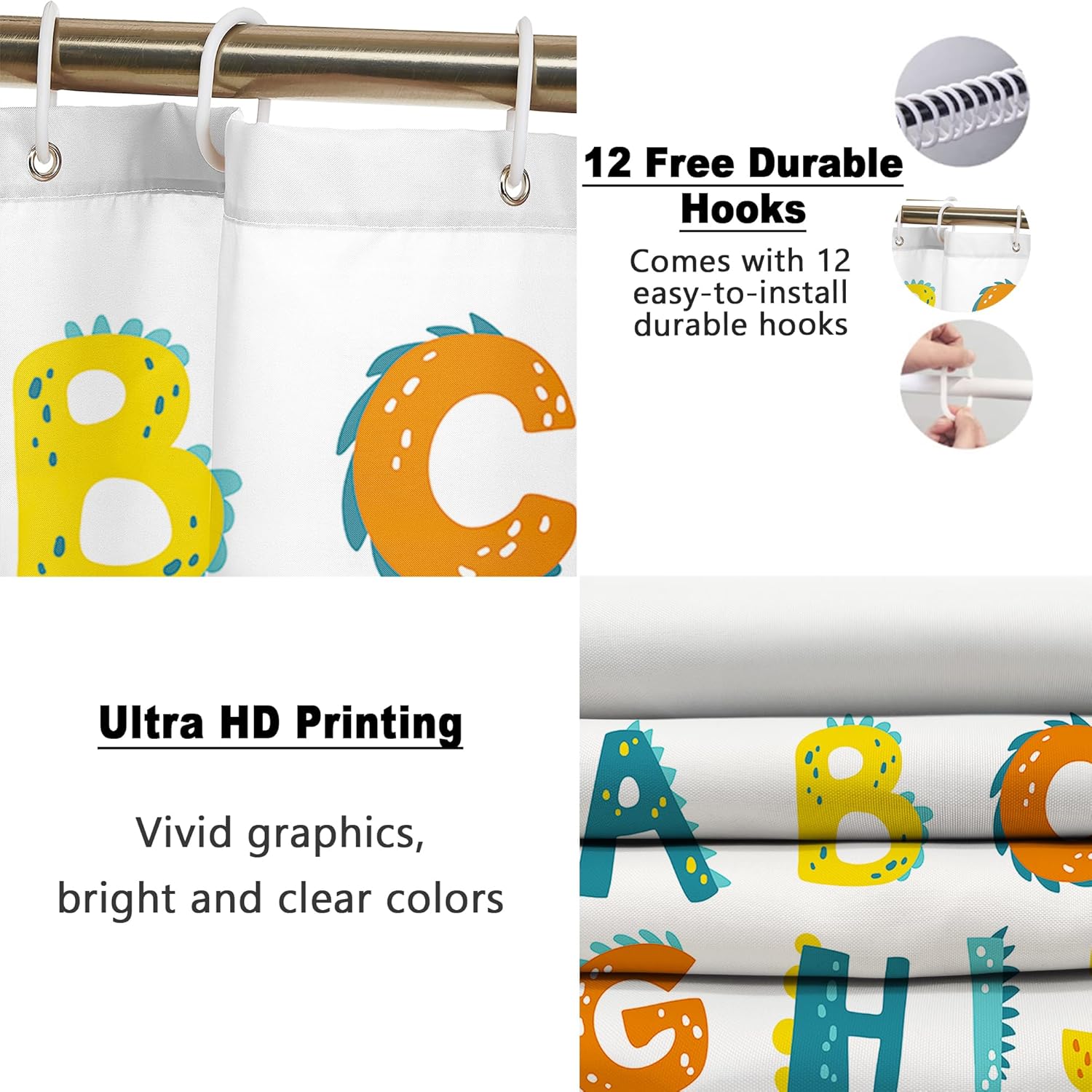 Poedist 4 Pcs Bathroom Shower Curtain Set,Kid's Bathroom Set,Shower Curtain Sets with Rugs(Bath Mat,U Shape and Toilet Lid Cover Mat) and 12 Hooks,Alphabet Cartoon