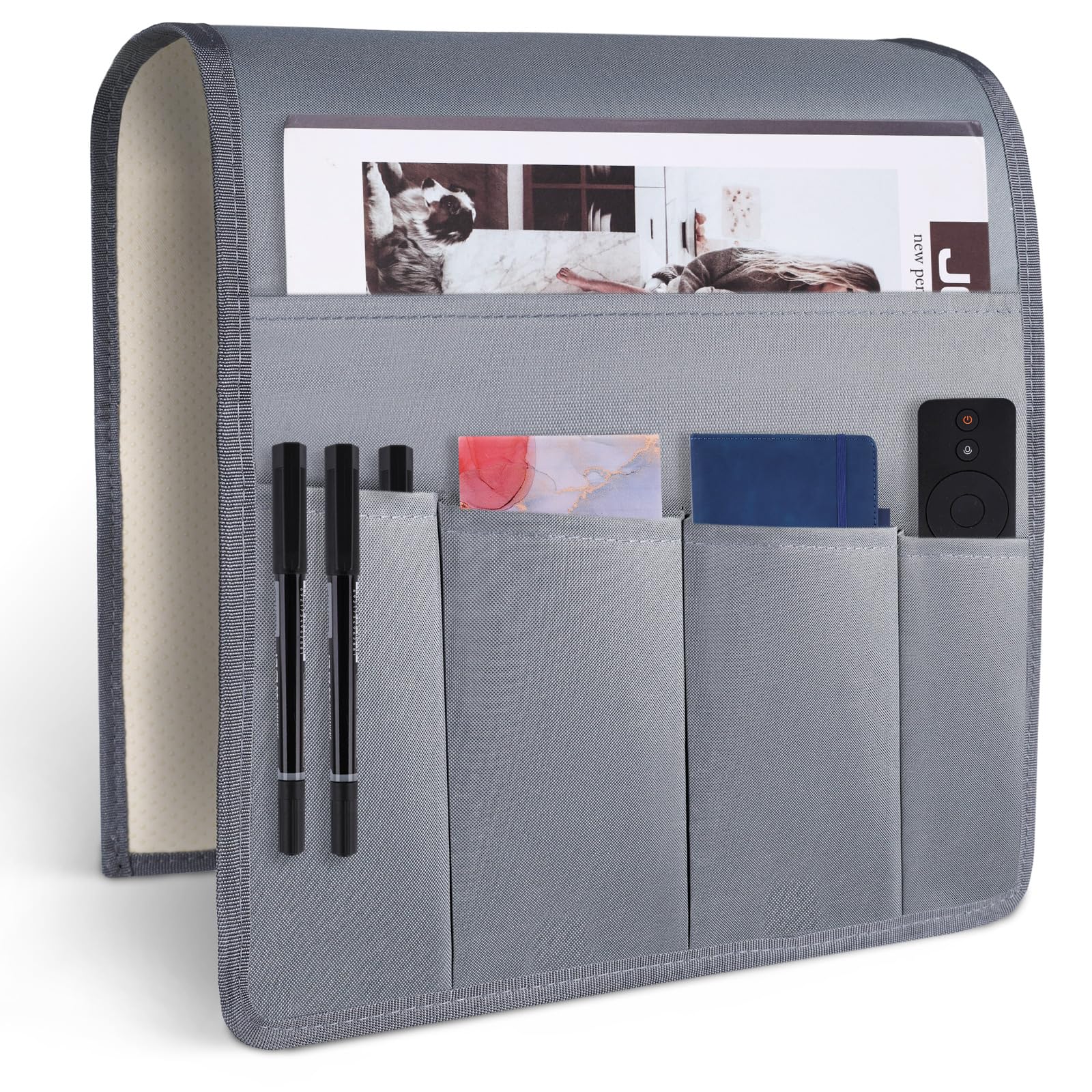 HAKACC Remote Control Holder,Sofa Armrest Organizer, Armchair Caddy for Bedside Storage Organizer 5 Pockets for Home College Dorm Bunk Grey