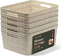 BINO Woven Plastic Storage Baskets Small Natural 5-Pack | Jute Collection | Stackable Home Organization Bins for Kitchen Closet Bedroom