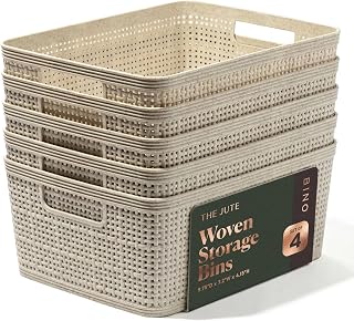 BINO Woven Plastic Storage Baskets Small Natural 5-Pack | Jute Collection | Stackable Home Organization Bins for Kitchen Closet Bedroom