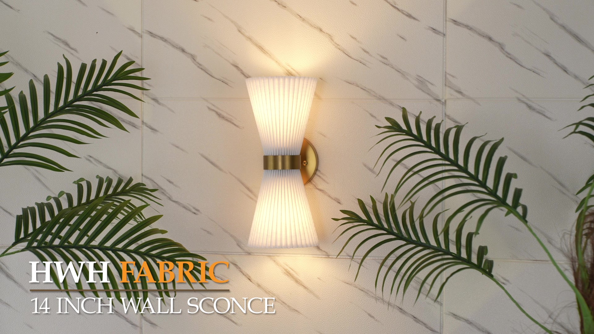 Image of Wall Sconces Set of Two, HWH 14.3 Inch Gold Bathroom Light Fixtures with Milk White Striped Fabric Shade, Modern Wall Light fixtures for Living Room Bedroom, 5HZG97B-2W-2PK BG-FB
