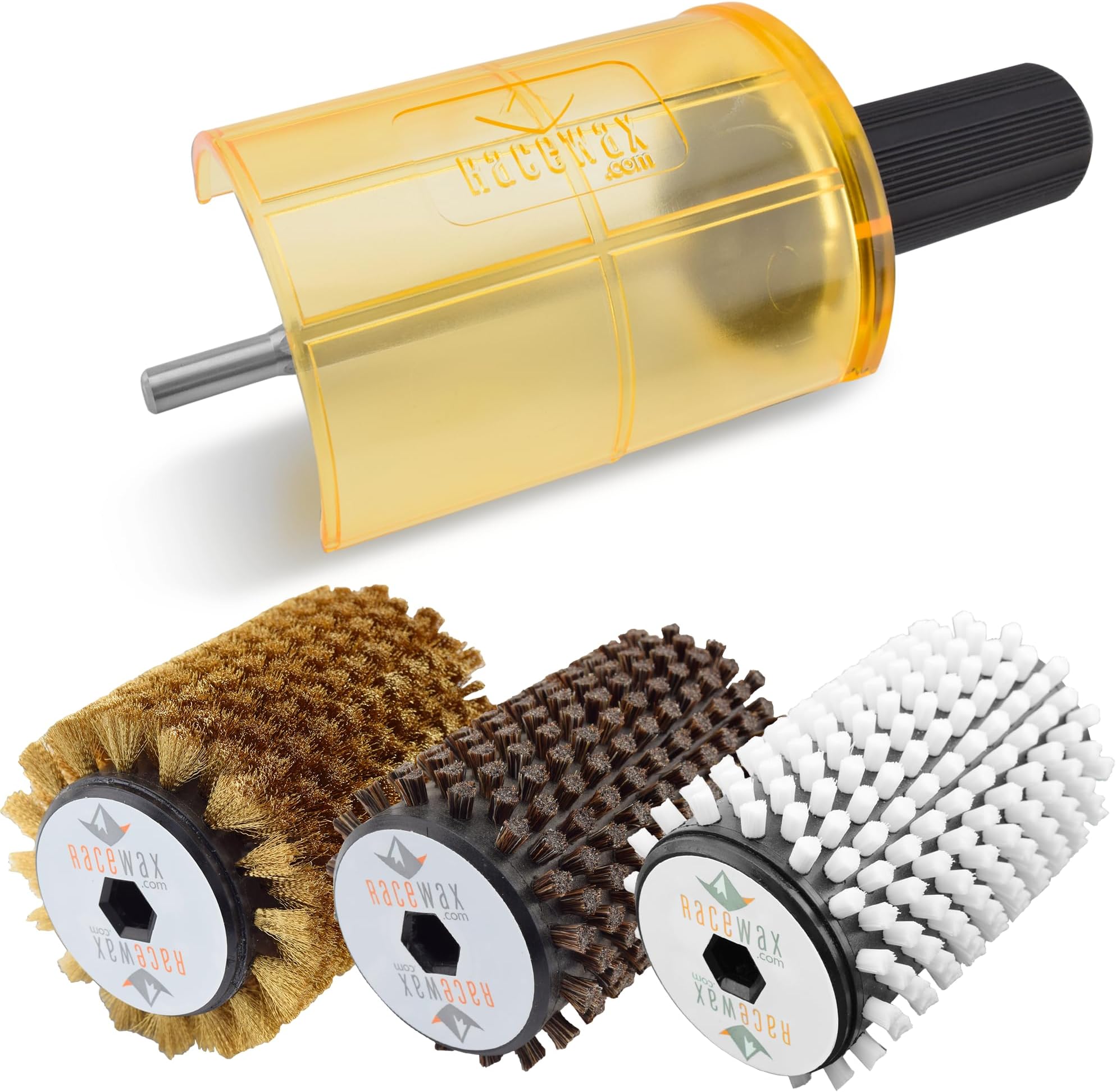 100mm Roto Brush Ski Wax Kit SnapOut Quick-Change Axle 3 Brushes (Brass, Horse Hair and Nylon) for Waxing - (ZL-6116)