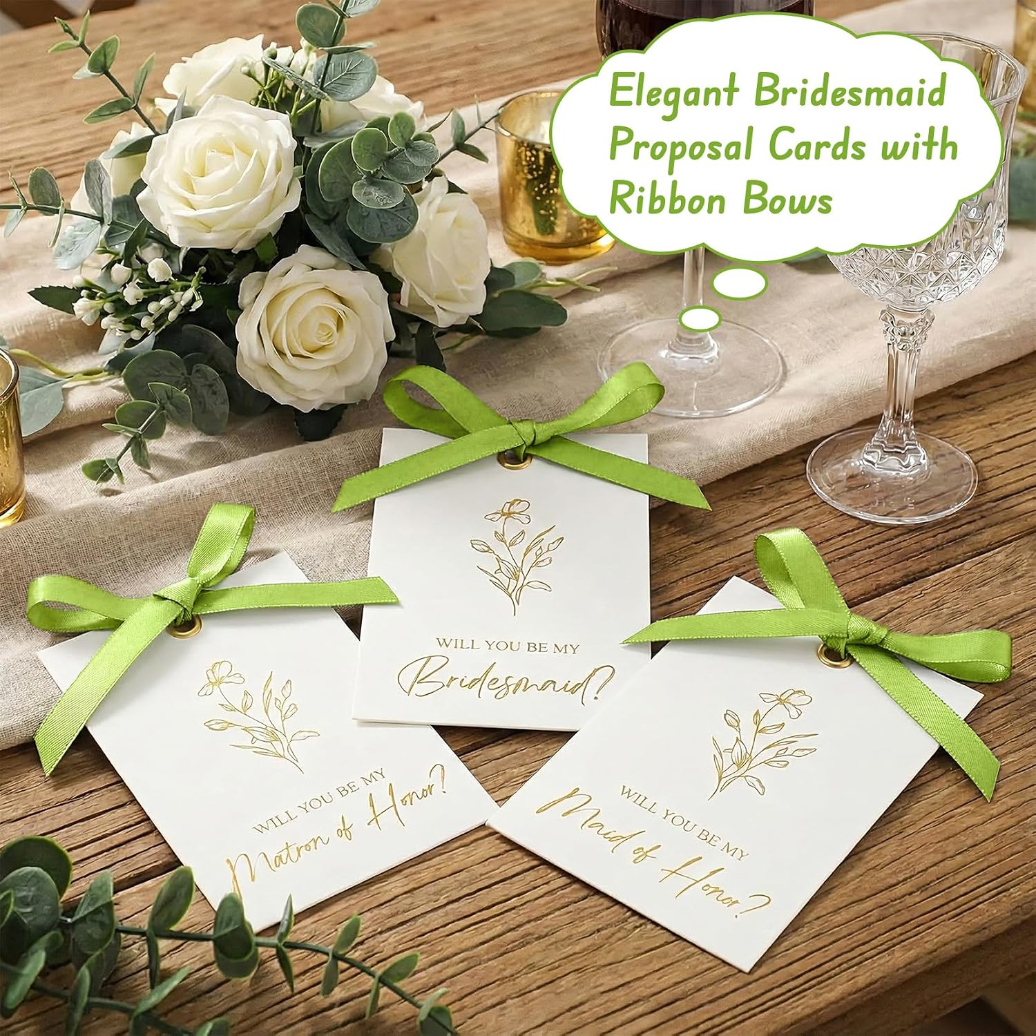 11 Pcs Bridesmaid Proposal Cards with Ribbon Bow, 8 Will You Be My Bridesmaid, 2 Maid of Honor, 1 Matron of Honor for Bridal for Wedding Bridal Party, Asking Bridesmaid Proposal Gifts Ideas(Green, White)