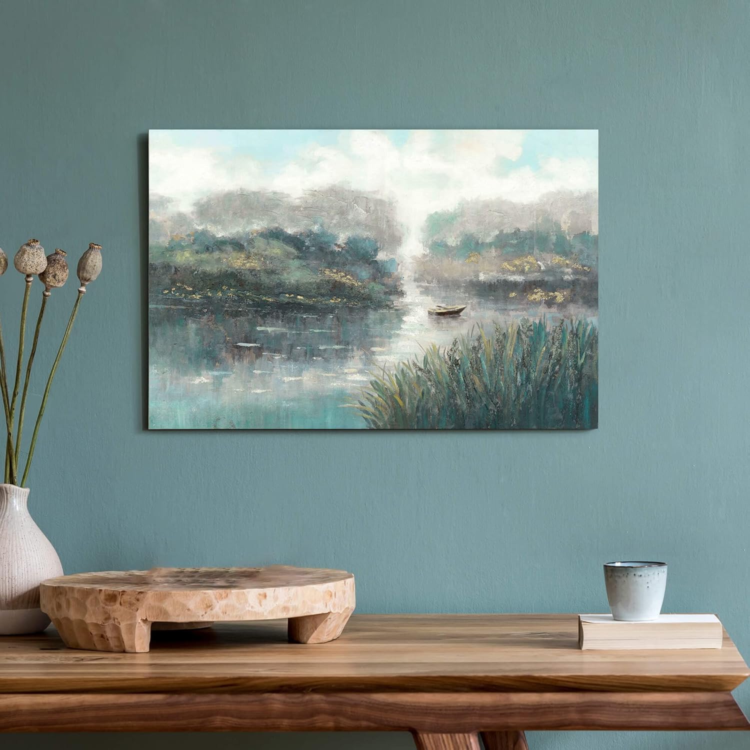 the stream design landscape lake canvas wall art: hand painted nature scene painting picture calming forest boat print decor gold foil textured artwork for bedroom living room lake 01 24"l x 16"w