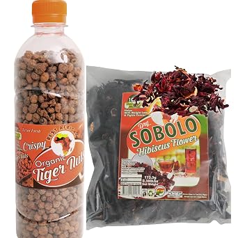 African Delights Detox Tea and Healthy Snack Set Bundle, 2 Pack Organic Tiger Nuts Snack 12 oz and Hibiscus Tea 16 oz Wellness Combo