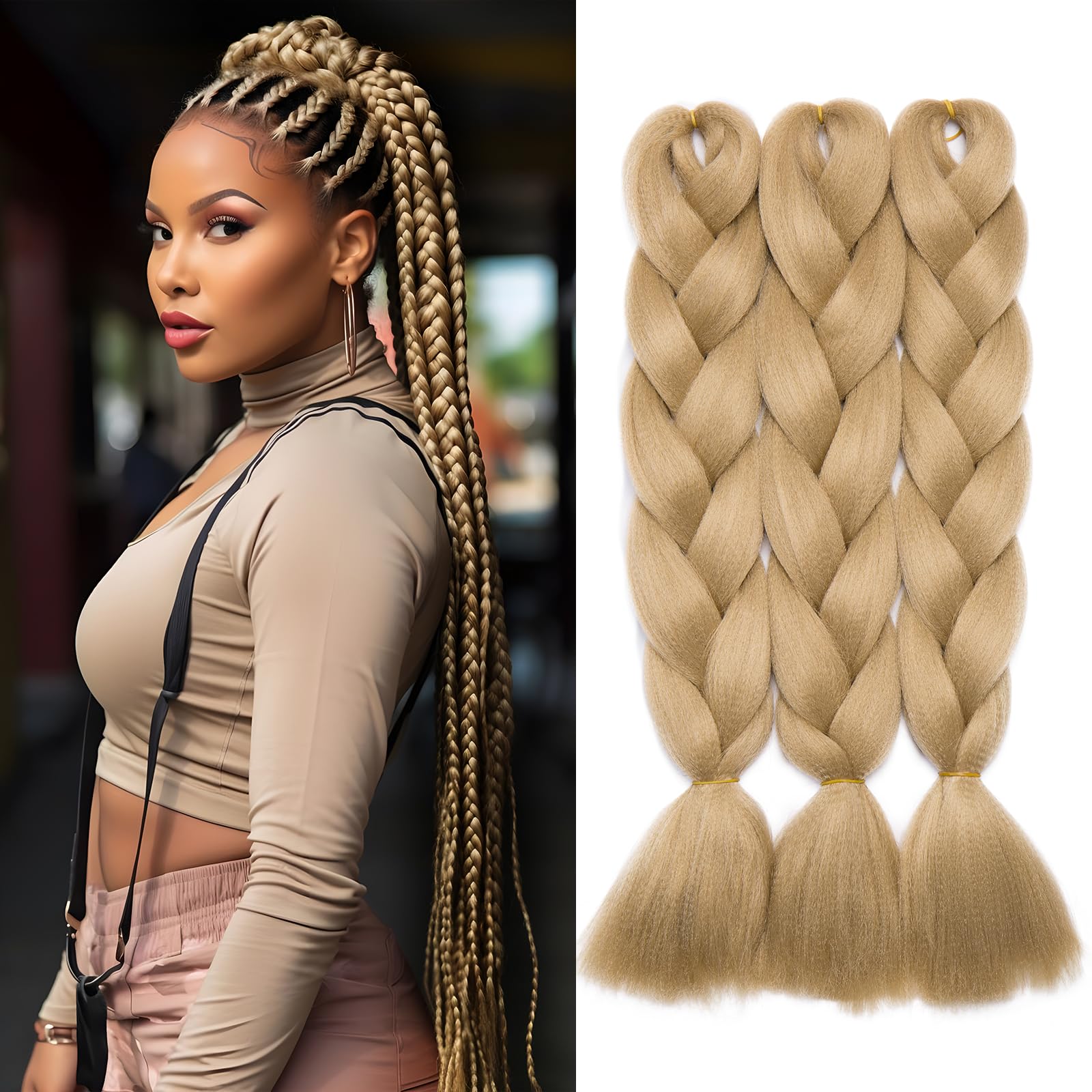 Benehair 3 Packs 24 Inch Braid Extensions Jumbo Box Braiding Hair for Twist Colorful Synthetic Hair Extensions for Braiding Blonde Hair Extensions for Women(3 Packs
