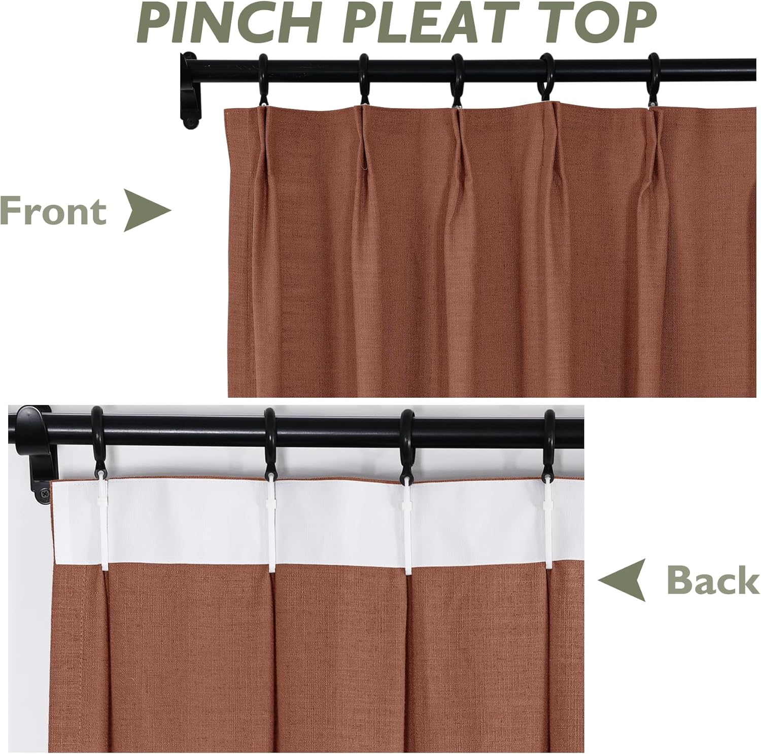 Fcosie Pinch Pleat Linen Curtains Extra Long Drapes, FireBrick Light Filtering Privacy Curtains, Size Custom Made 9 to 24 feet Length, Solid Darkening Window Drapes, 50" Wide by 204" Long, 1 PC