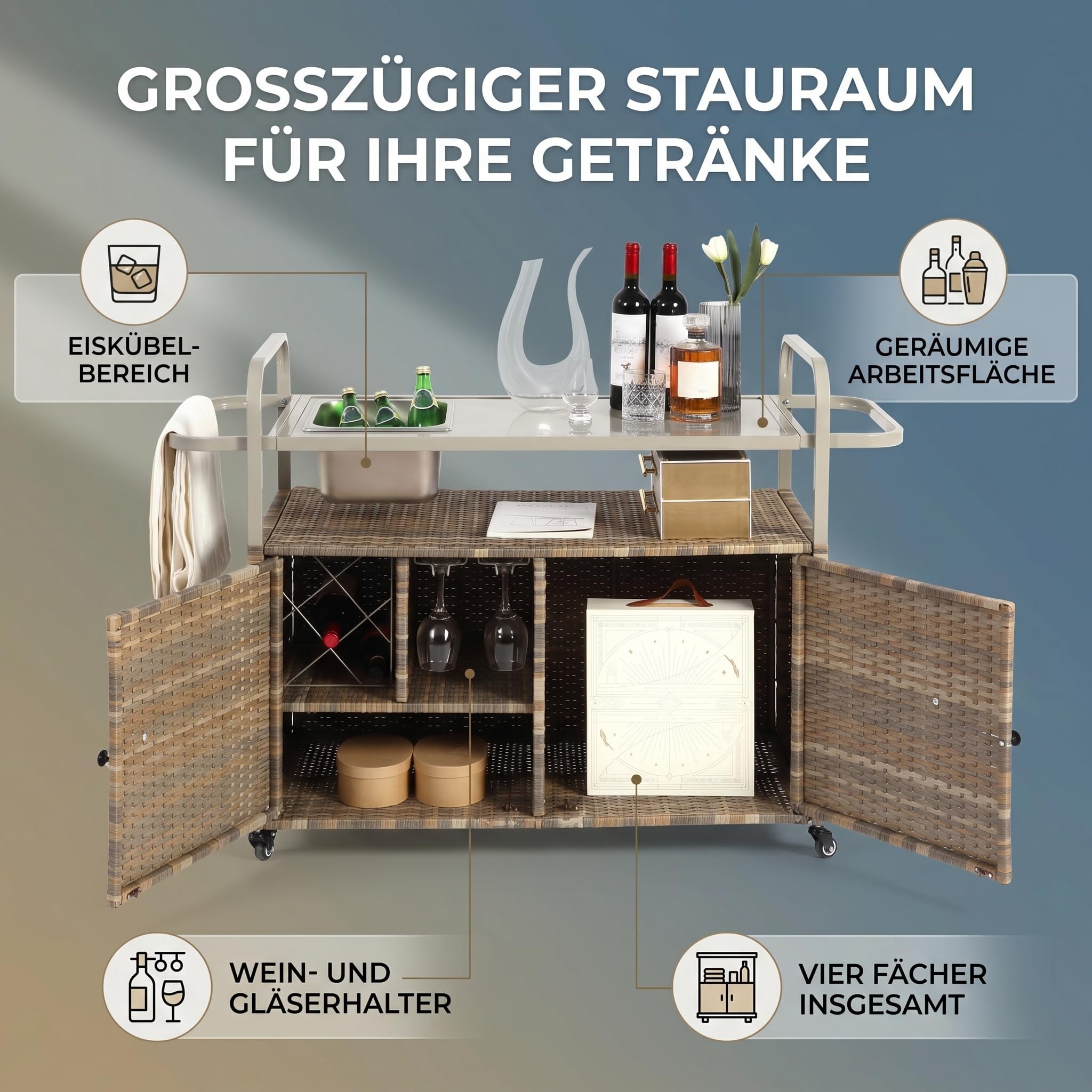 Gecheer Outdoor Bartisch mit Eiswürfelbehälter, Wetterfester Servierwagen Beistelltisch PE-Rattan, Arretierbare Rollen für Garten Terrasse Poolparty Grillabend Hinterhof, Beige