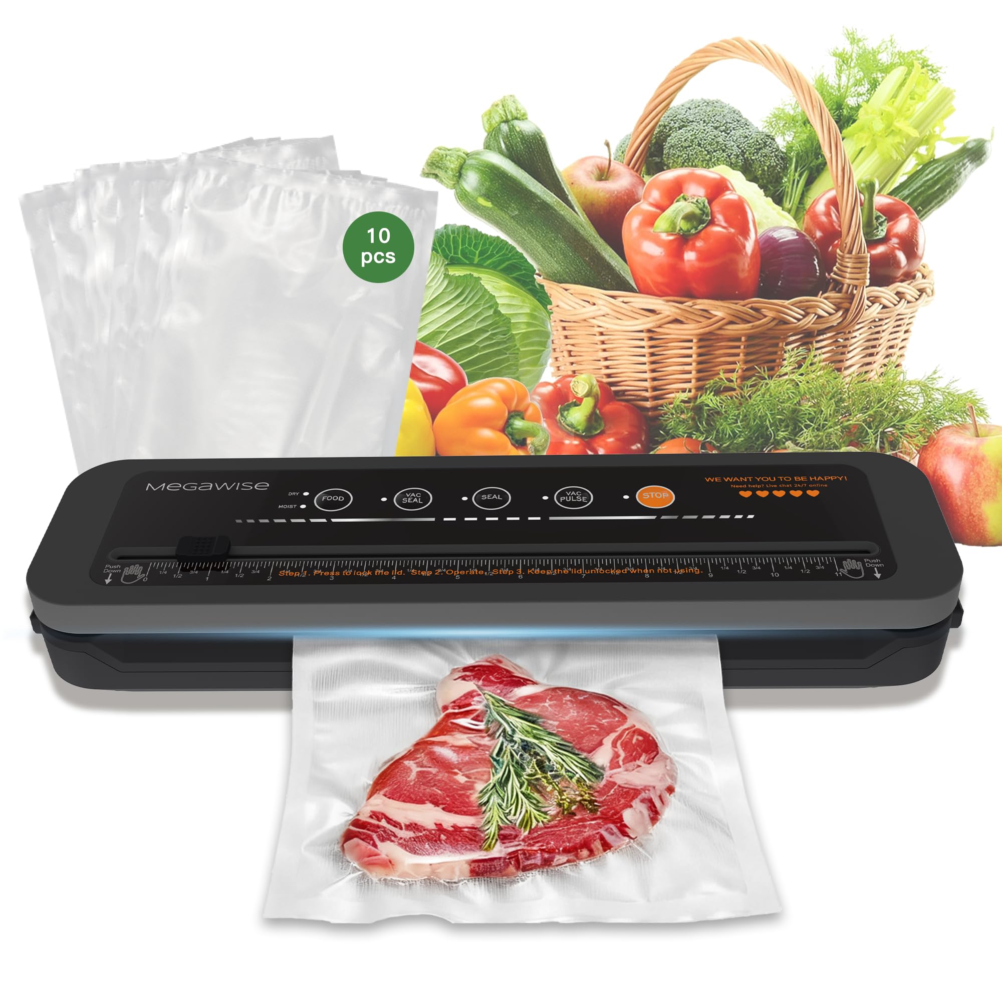 MEGAWISE Vacuum Sealer Machine, 80kPa Food Sealer with Built-in Cutter, Dry & Moist Modes, 12-Inch Seal