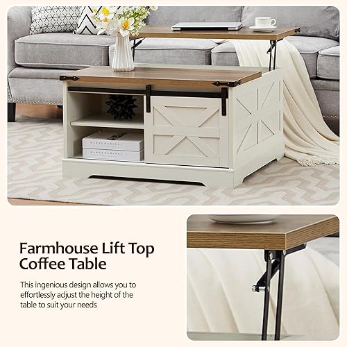 Miniatura 4 de Mesa auxiliar con tapa elevable, mesa de centro cuadrada de madera con puerta corrediza de granero y estante ajustable, mesa central rústica con