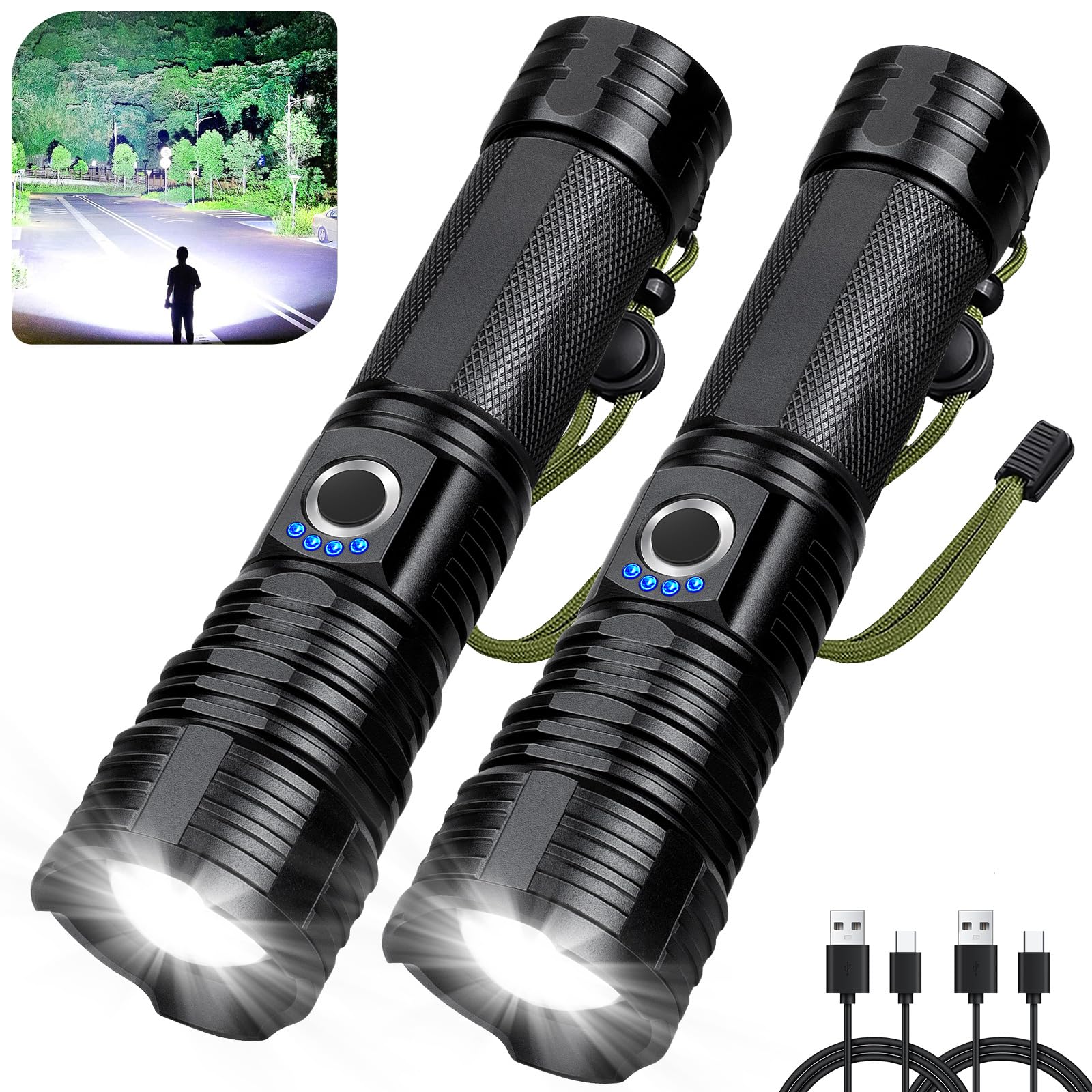 Rechargeable Flashlights High Lumens, 2Pack 99000 Lumen Super Bright LED Flashlight with 5 Modes & Waterproof, USB Fast Charging Handheld High Powered
