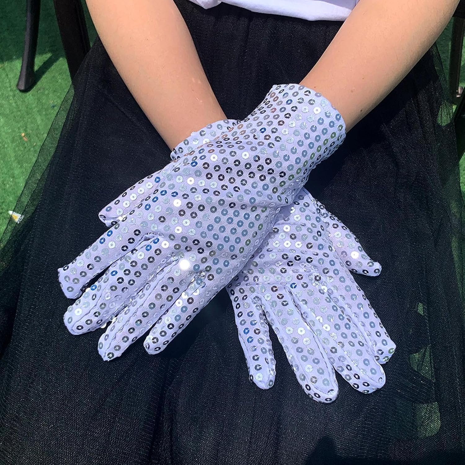 Sparkly Sequin Gloves - Silver Costume Accessory Set, Glitter Photo Prop Dress Up Kit, for Use Purpose Item, Safe Build Material, Party Halloween Festival Cosplay Stage Use
