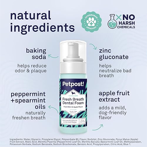 Vista 3 de Petpost Fresh Breath Foam for Dogs - Solución dental con sabor a menta y manzana que elimina el mal aliento - Tratamiento de limpieza dental