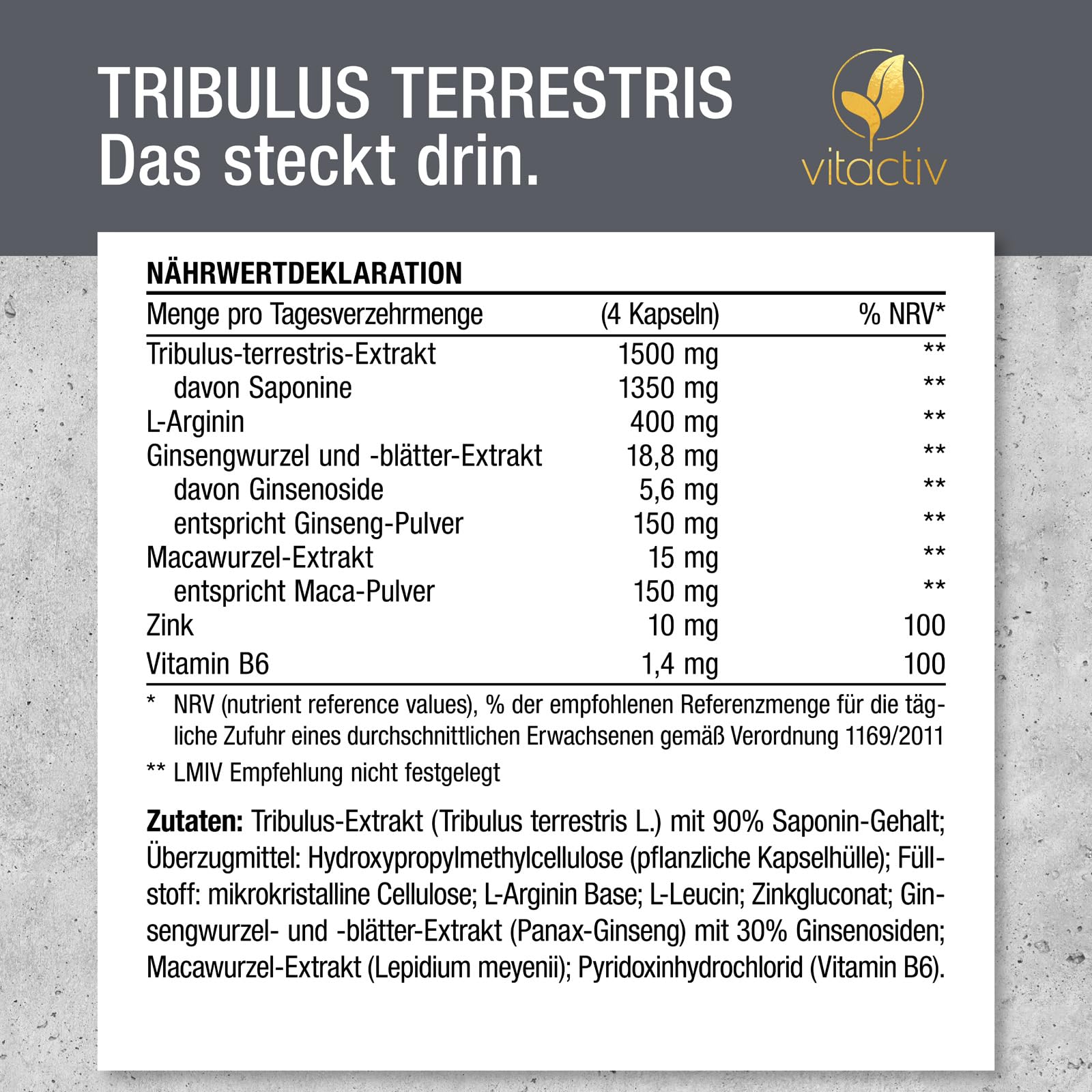VITACTIV Tribulus Terrestris 1500 mg - 240 Kapseln Vegan - Tribulus Extrakt Hochdosiert, 90% Saponin – Mit Zink, plus L-Arginin, Maca, Ginseng, Vitamin B6
