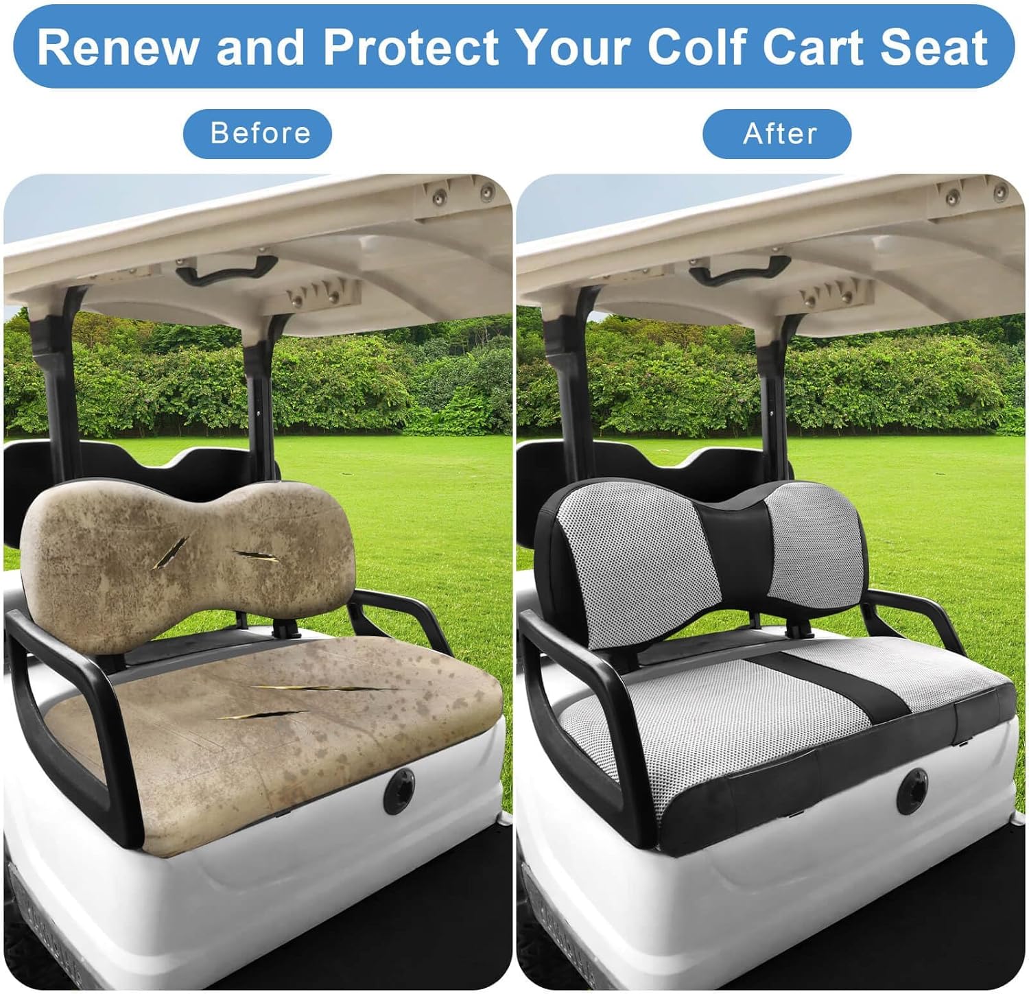 MOSNAI Yamaha Golf Cart Front Seat Cover for Drive G29 2007-2016 OEM Ordinary Seat Cushion, Breathable Polyester Mesh Cloth and Leather Combination Appearance, No Need Detaching Armrests