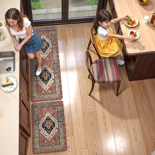 Vista 383 de KIMODE - Juego de 2 tapetes de cocina bohemios, antifatiga, antideslizantes, impermeables, ergonómicos, acolchados, cómodos, para lavandería, Caqui