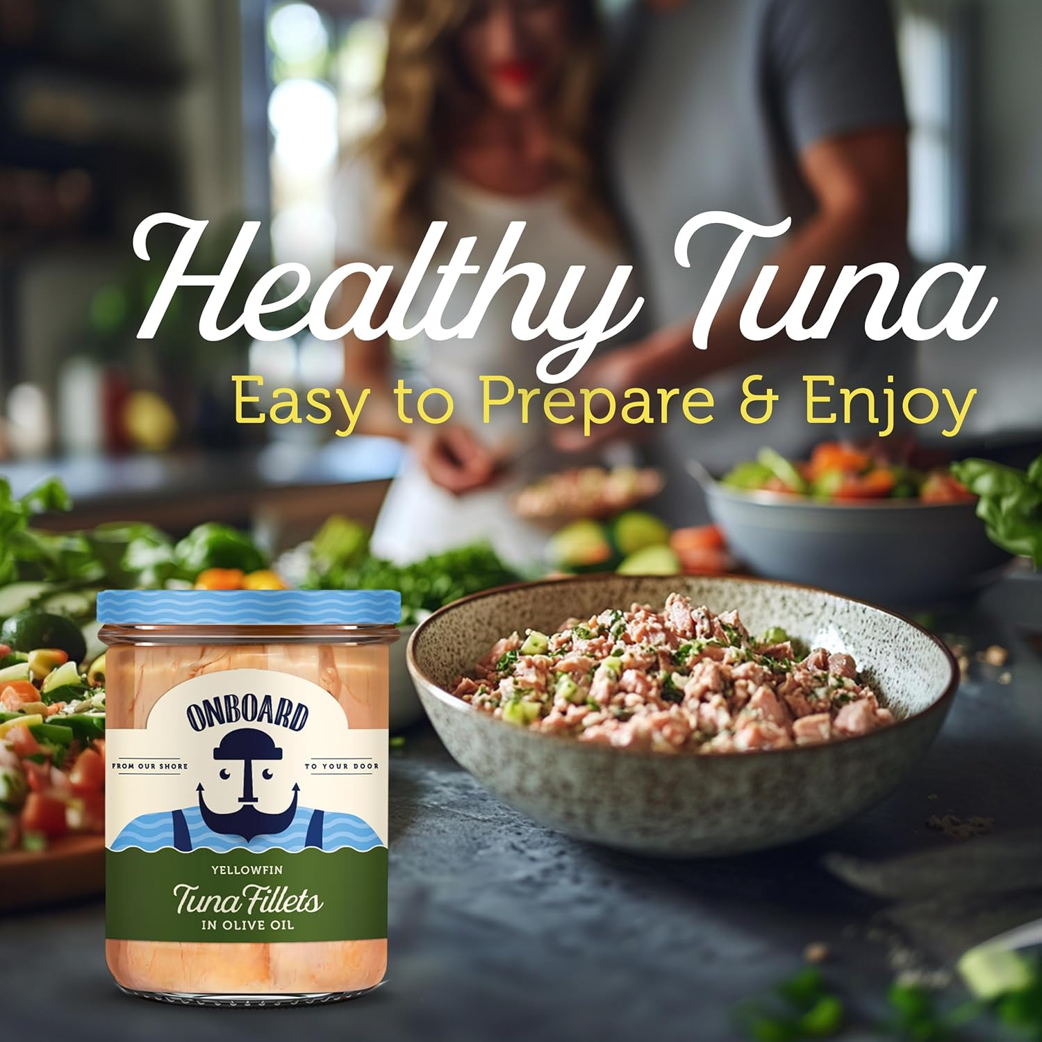 ONBOARD Yellowfin Tuna Fillets, Mediterranean Seafood Diet | Pescatarian Jarred Atun, Fresh Sea Tuna Salad | High in Protein - Healthy Ready-to-Eat Snacks, Packed in Glass Jar | (6 Packs, Olive Oil)