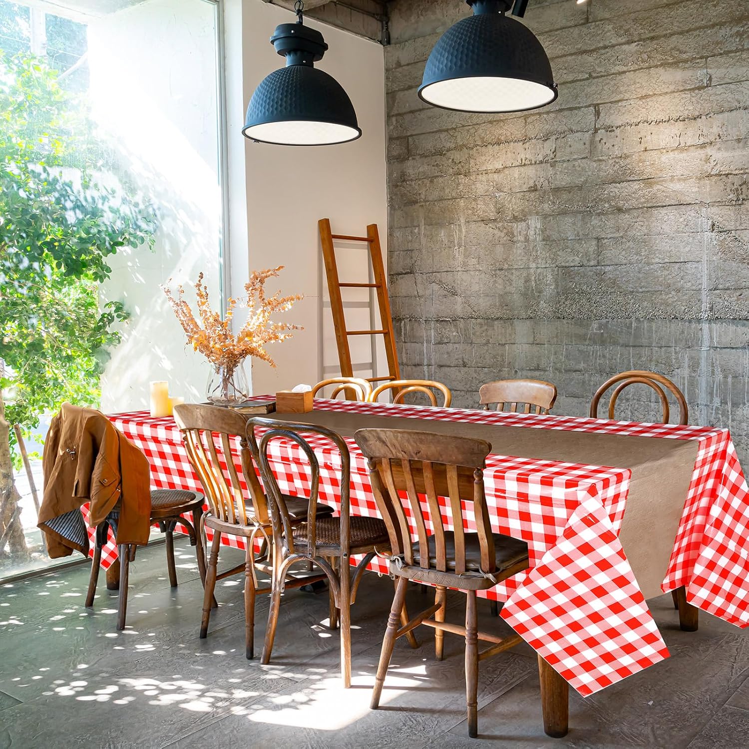 Boyiee 赤と白の市松模様のピクニックテーブルクロス、プラスチックギンガムテーブルカバー プリント黄麻布テーブルランナー 農場テ