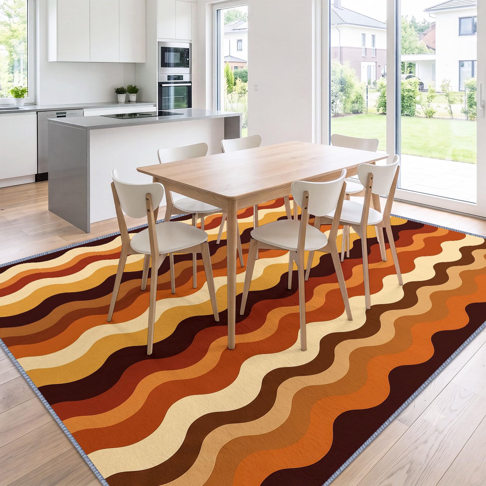 Tappeto in stile retrò chic anni '70 per soggiorno, 120 x 170 cm, a righe ondulate tono terroso, per camera da letto, morbido, a pelo corto, antiscivolo, tappeto classico per sala da pranzo, ufficio