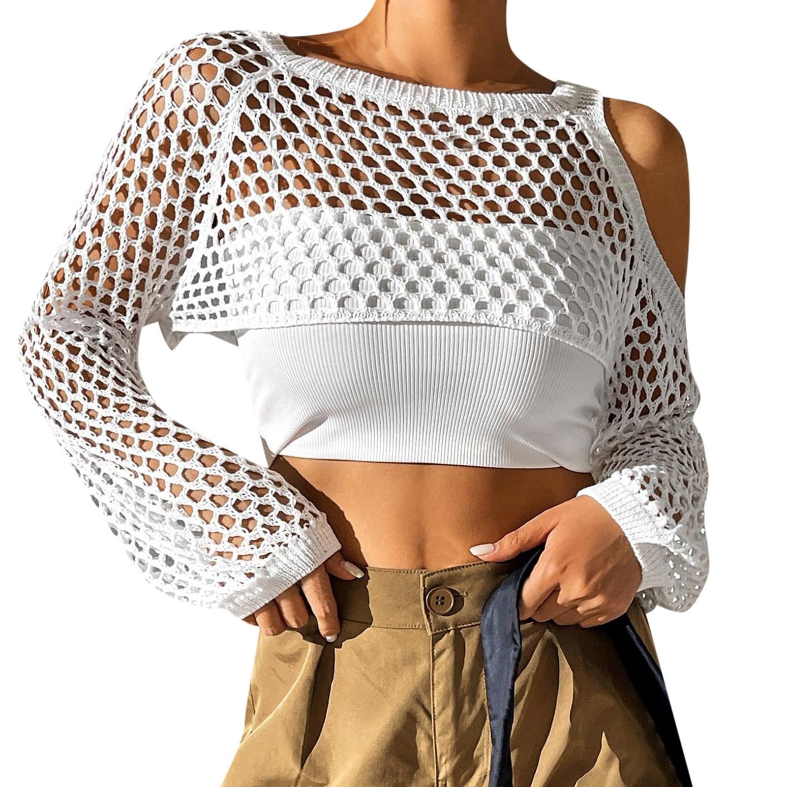 Mesh Fishnet Top for Women, Long Sleeve Novelty Off Shoulder Crop Top Hollow Out Knitted Cover Up Casual Stylish Ladies Outerwear Disco Carnival Music Festival Clubwear (White, One Size)