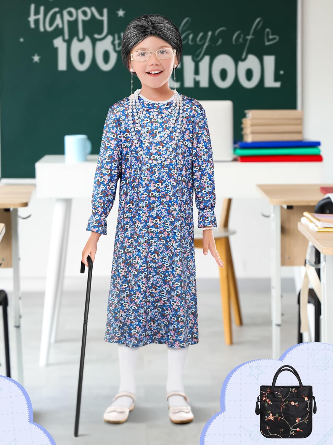AOTHSO 10 Pcs Kids Old Lady Costume 100 Days of School Costume for Girls Halloween Grandma Dress with Wig Granny Cane for Kid - Image 5