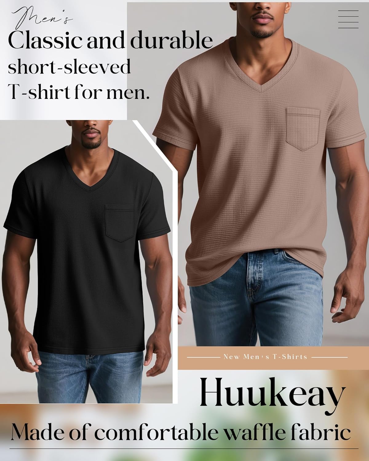 Huukeay 3 Pack Men's Waffle Shirts V Neck Tee with Pocket Short Sleeve Textured Knitted Summer Casual Basic Tops - Image 5
