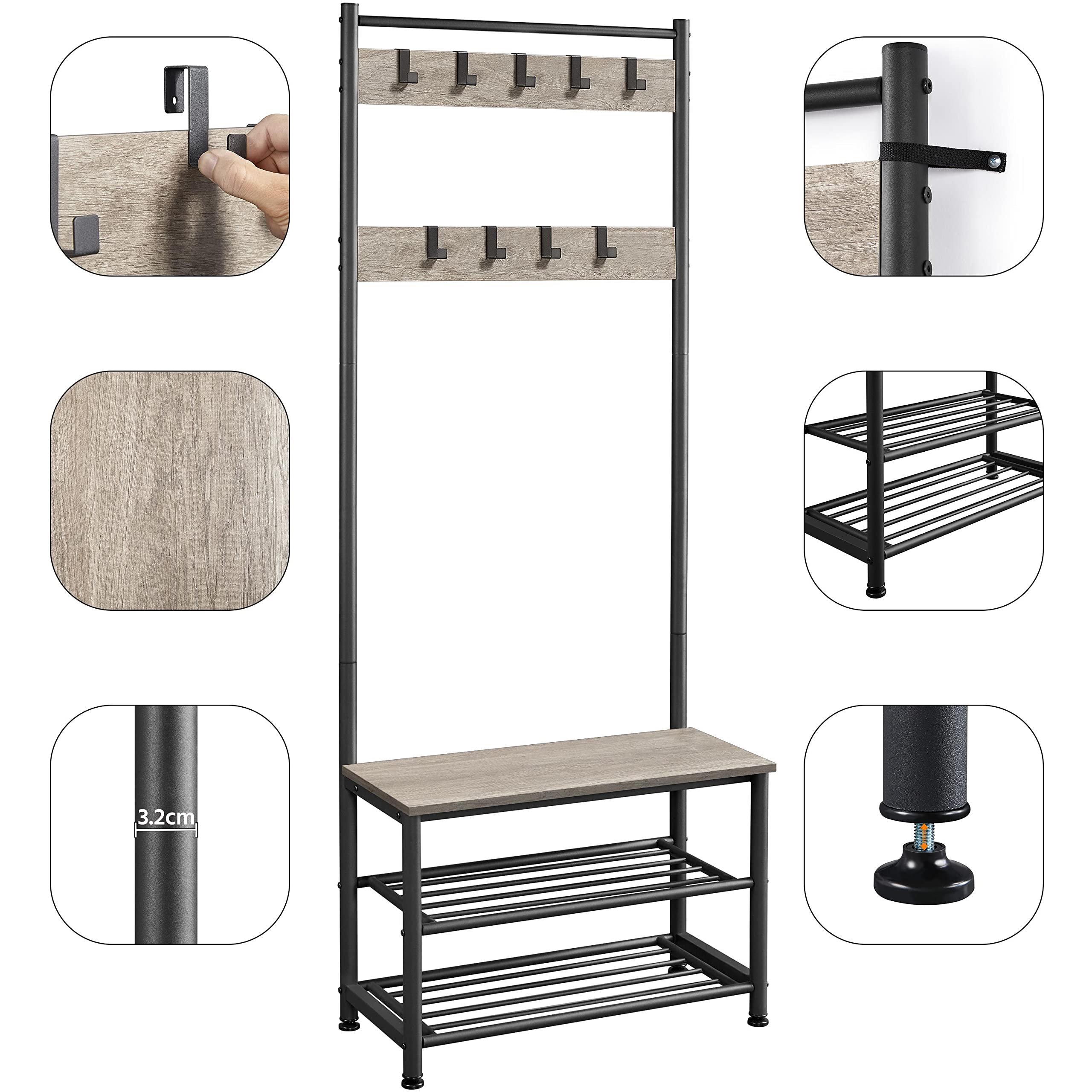 Yaheetech Appendiabiti a 3 Ripiani con Scarpiera Vintage, Attaccapanni Portabiti in Legno Altezza 185 cm, Appendiabiti Autoportante Salotto Grigio