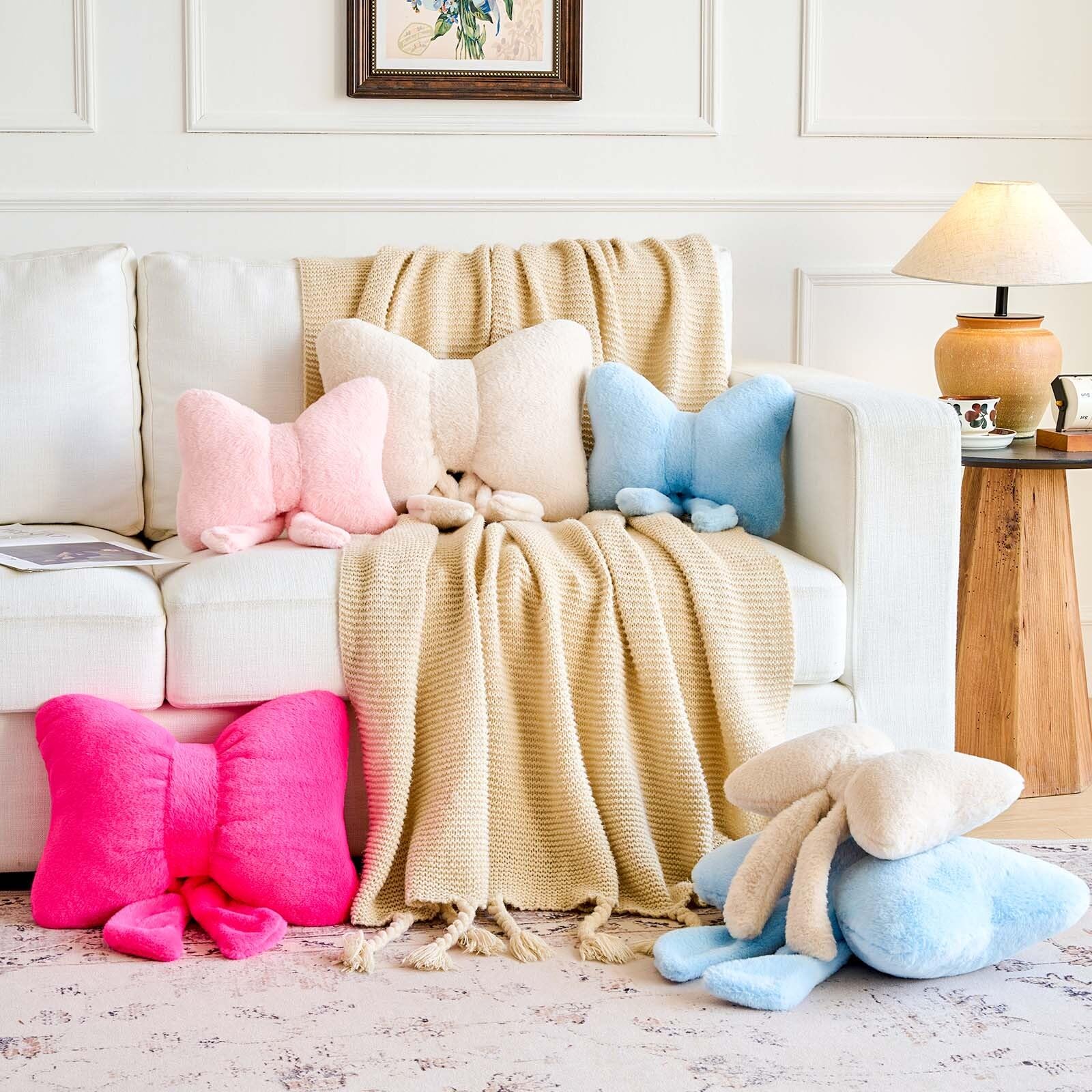 Lfsaaj Schleifen-Überwurfkissen, dekorative Schleifenkissen, ästhetische Raumdekoration, Schleifenkissen, niedliches kokettes Plüsch-Lendenkissen für Bett, Couch, Wohnen (Rosa, 40,6 cm)