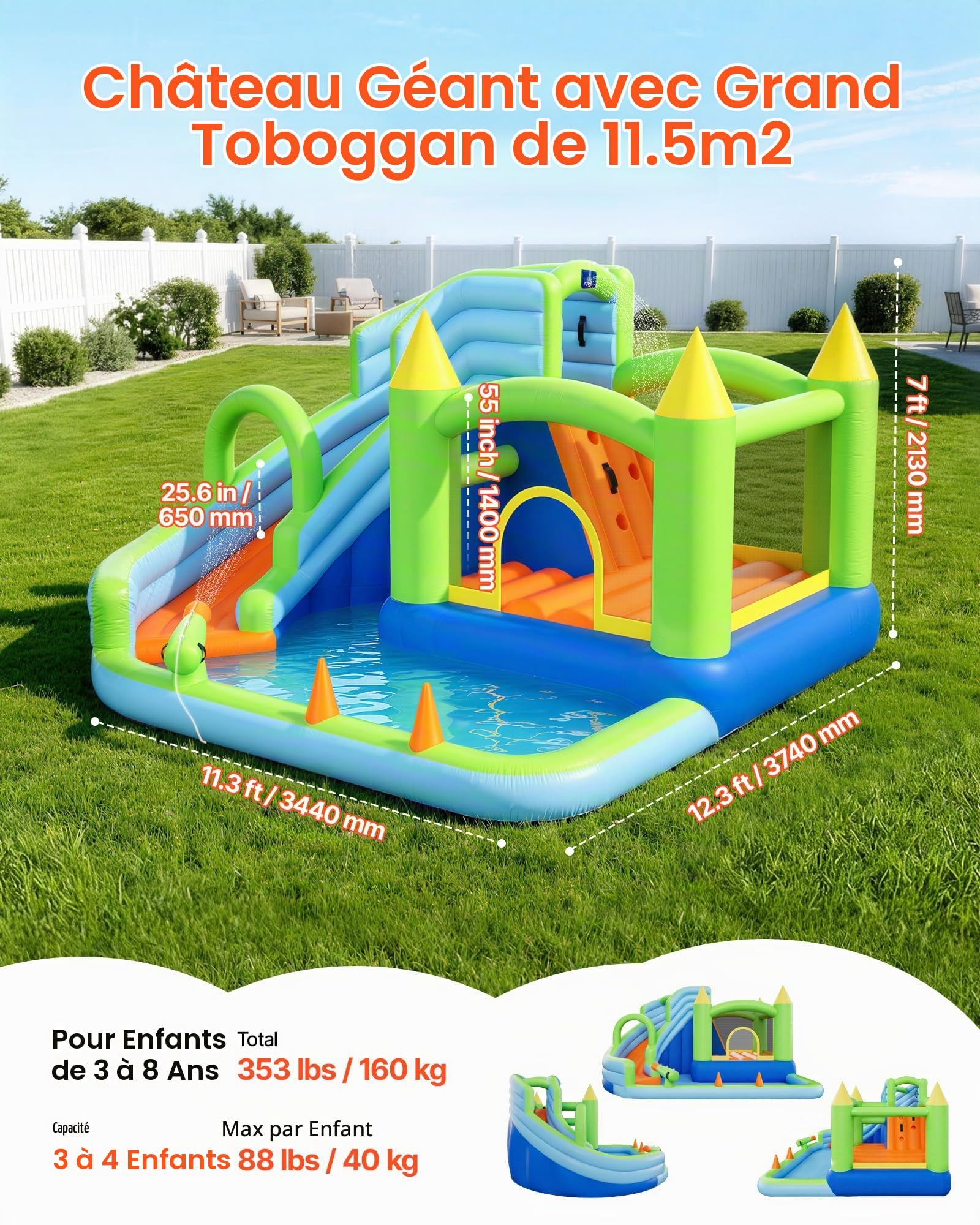 VEVOR Château Gonflable, Aire de Jeux Gonflable avec Toboggan Aquatique, Piscine, Zone de Saut, Canon à Eau, Panier de Basket, pour 3 à 4 Enfants de 3 à 8 Ans, 344x374x213 cm, Souffleur Inclus