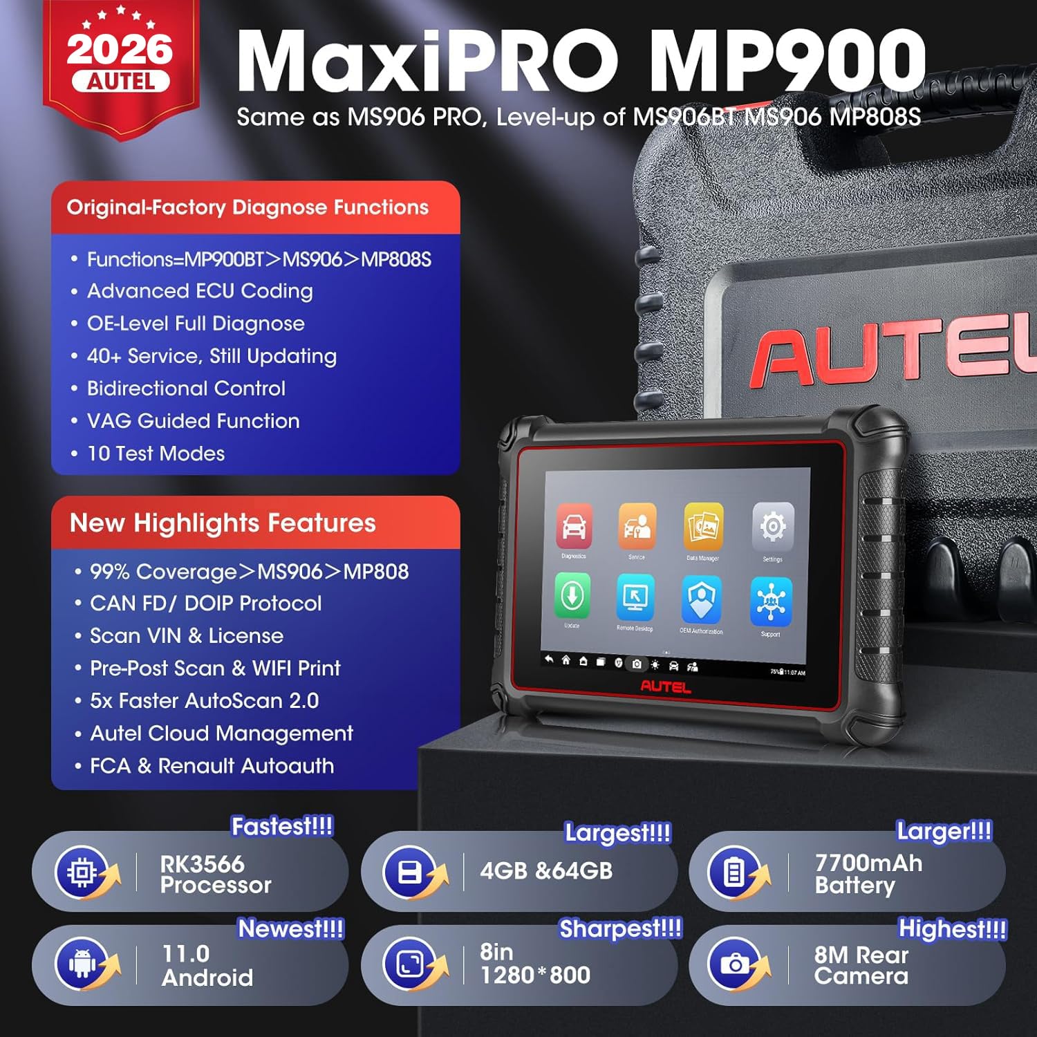 Autel MaxiPRO MP900 Diagnosis, Codificación ECU como MP900BT MS906 Pro | 3K+ Pruebas Activas, 40+ Servicios, CAN FD & DOIP, Impresión WiFi, 2026 Más Reciente MP900E MP900E Kit MK900 MX900 MK808S
