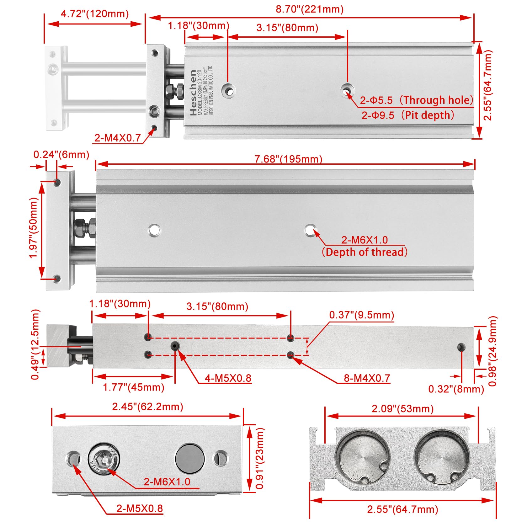 Heschen Cilindro neumático de aluminio doble, CXSM 20-120, Guía Varilla Placa Varilla doble Guiado Neumático, rodamiento deslizante amortiguado, Diámetro de 20mm, carrera de 120mm, doble acción