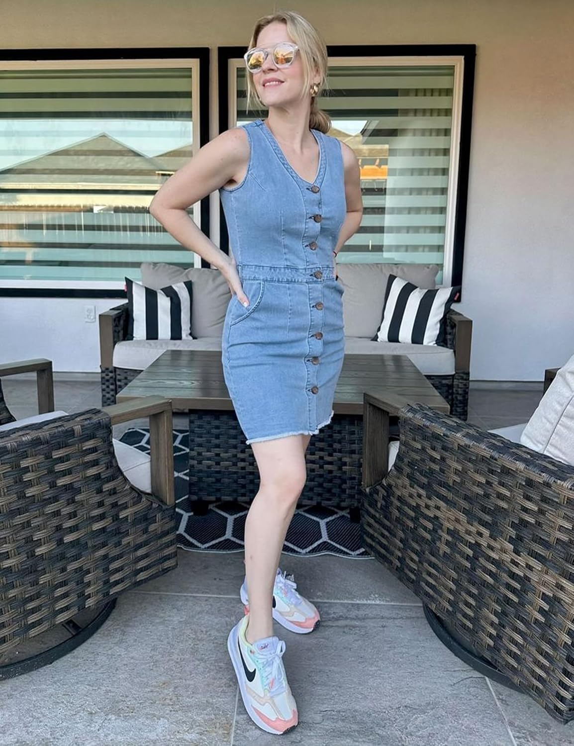 luvamia Women's Casual V Neck Sleeveless Jeans Button Down Denim Short Dress - Image 4