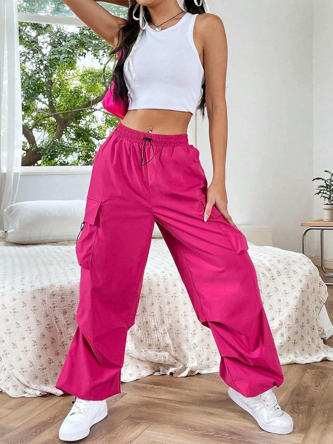 SweatyRocks Women's Drawstring Elastic Waist Loose Pants Casual Flap Pocket Cargo Pants Trousers - Image 6